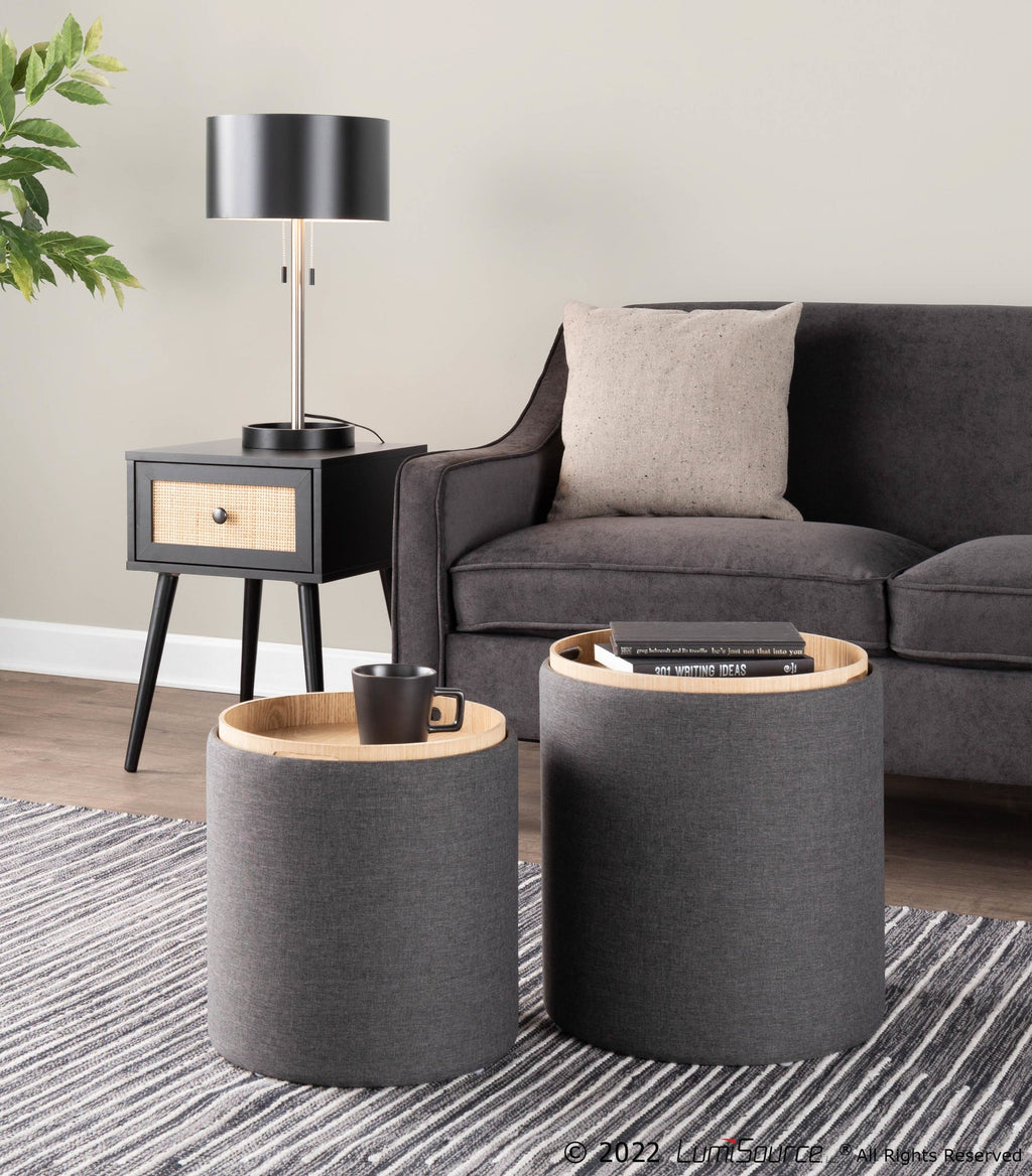 Tray Nesting Ottoman Set - Charcoal Fabric, Natural Wood
