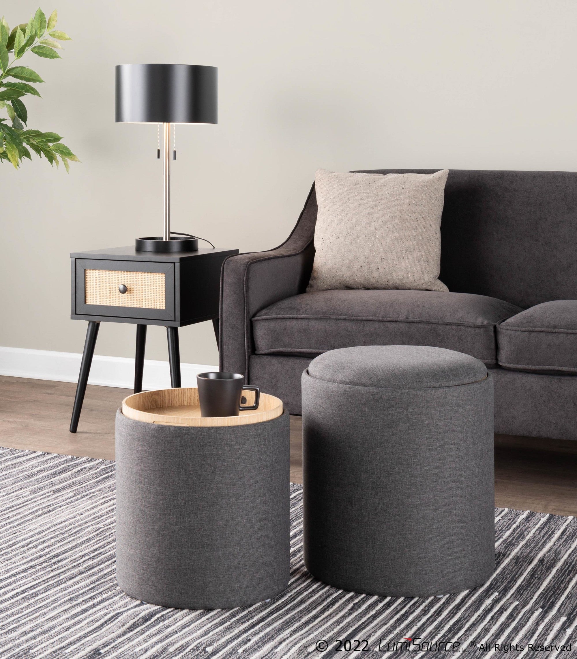 Tray Nesting Ottoman Set - Charcoal Fabric, Natural Wood