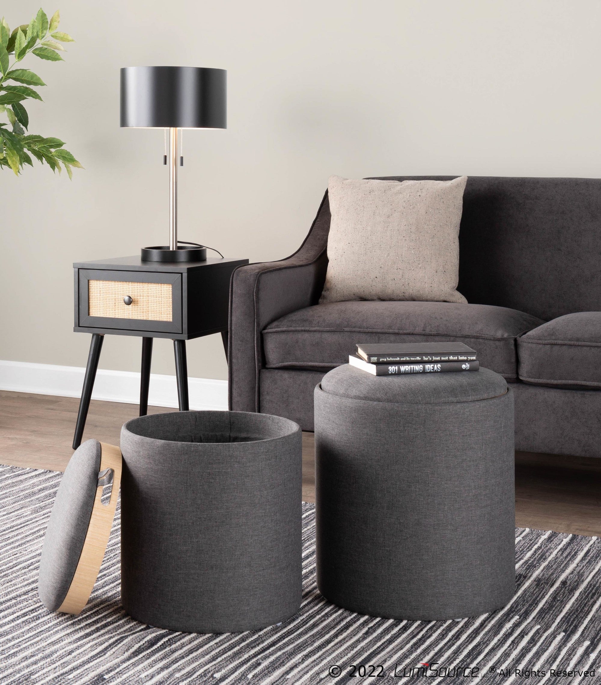Tray Nesting Ottoman Set - Charcoal Fabric, Natural Wood