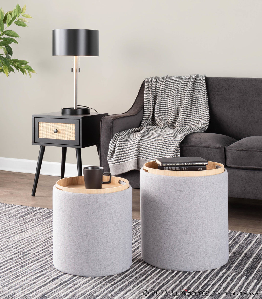 Tray Nesting Ottoman Set - Grey Fabric, Natural Wood