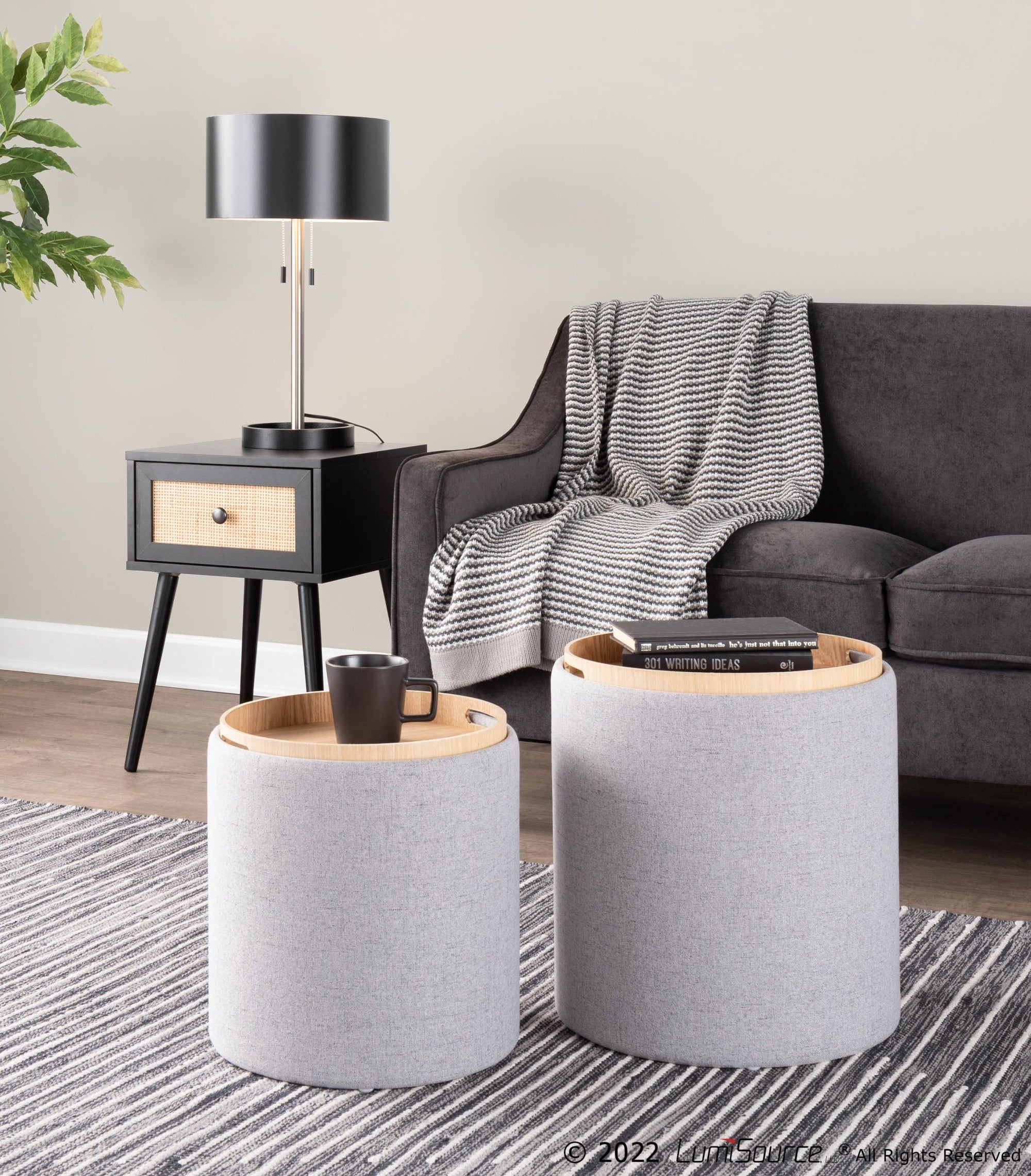 Tray Nesting Ottoman Set - Grey Fabric, Natural Wood