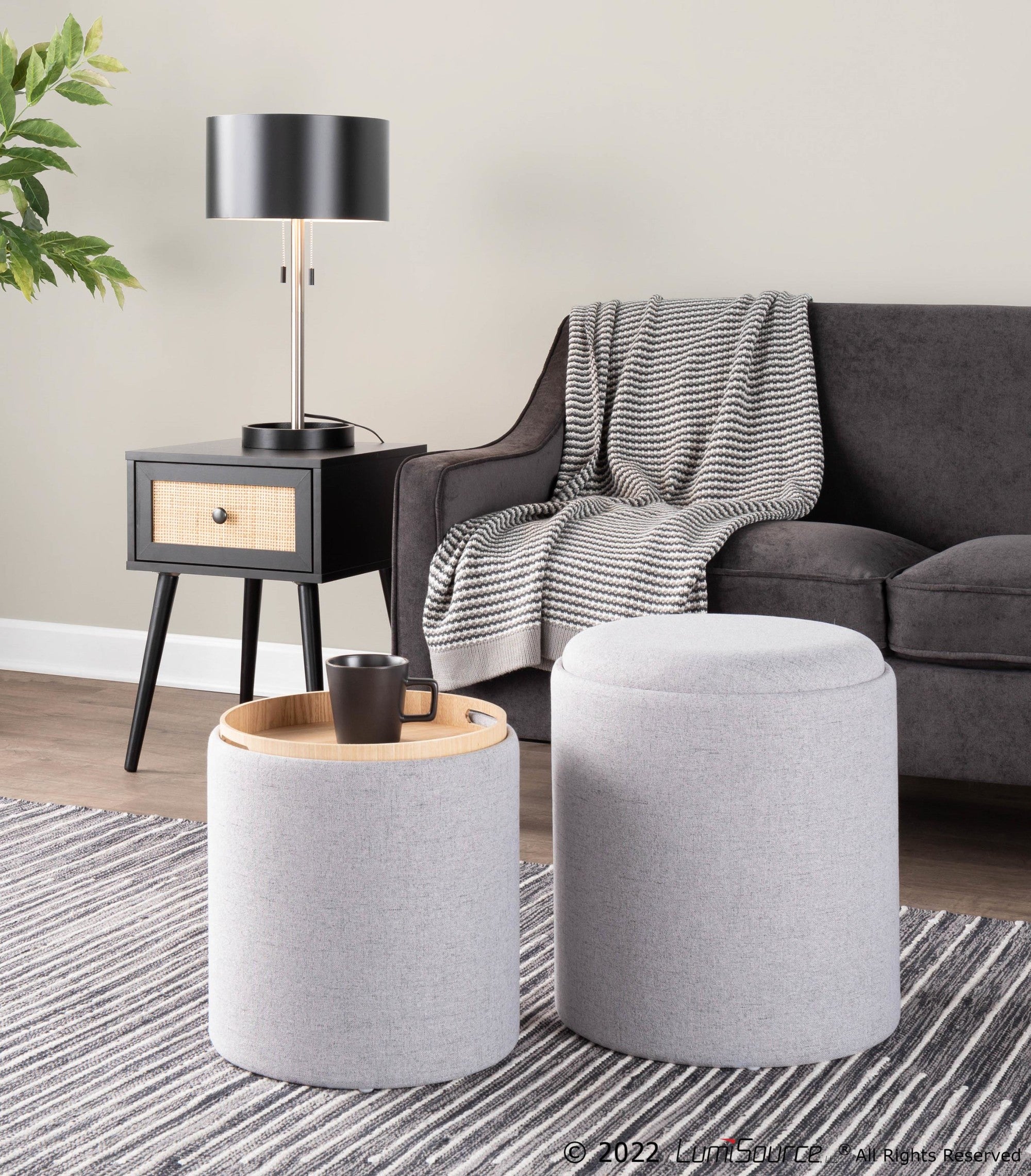Tray Nesting Ottoman Set - Grey Fabric, Natural Wood