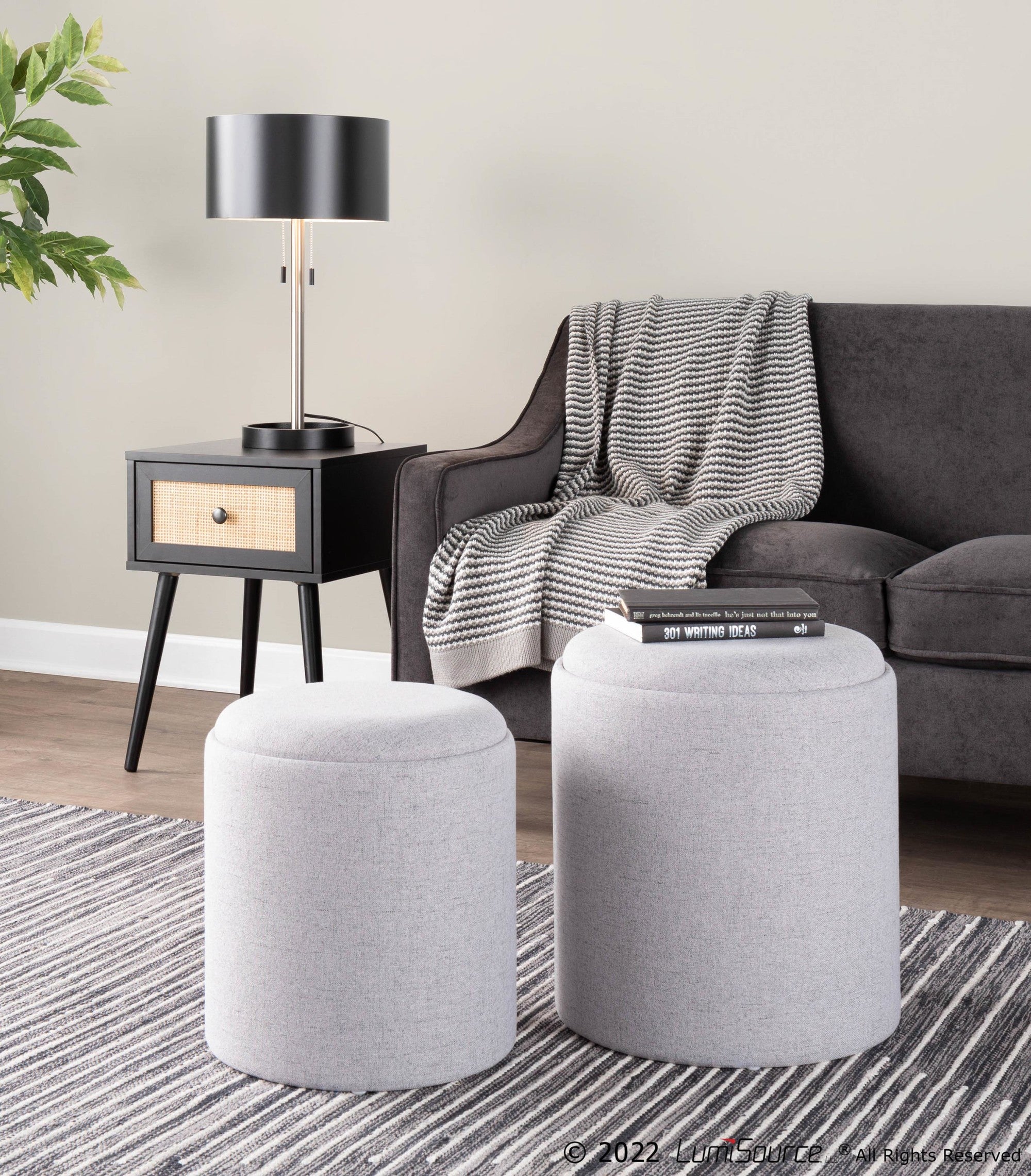 Tray Nesting Ottoman Set - Grey Fabric, Natural Wood