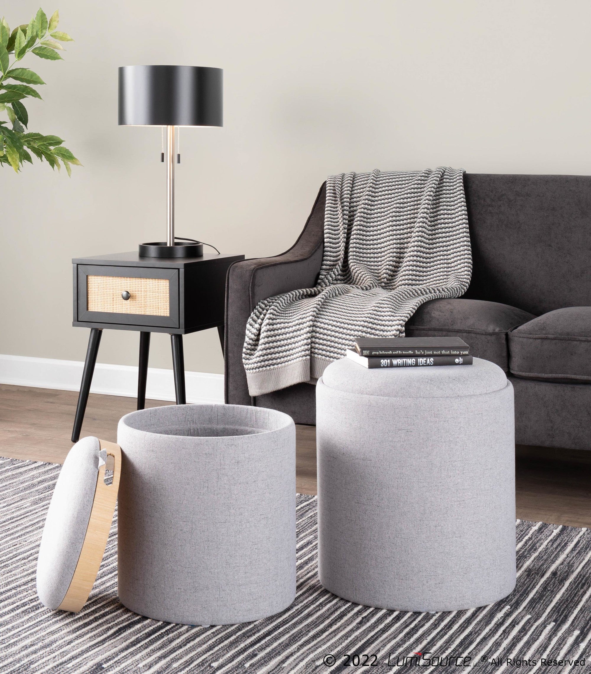 Tray Nesting Ottoman Set - Grey Fabric, Natural Wood