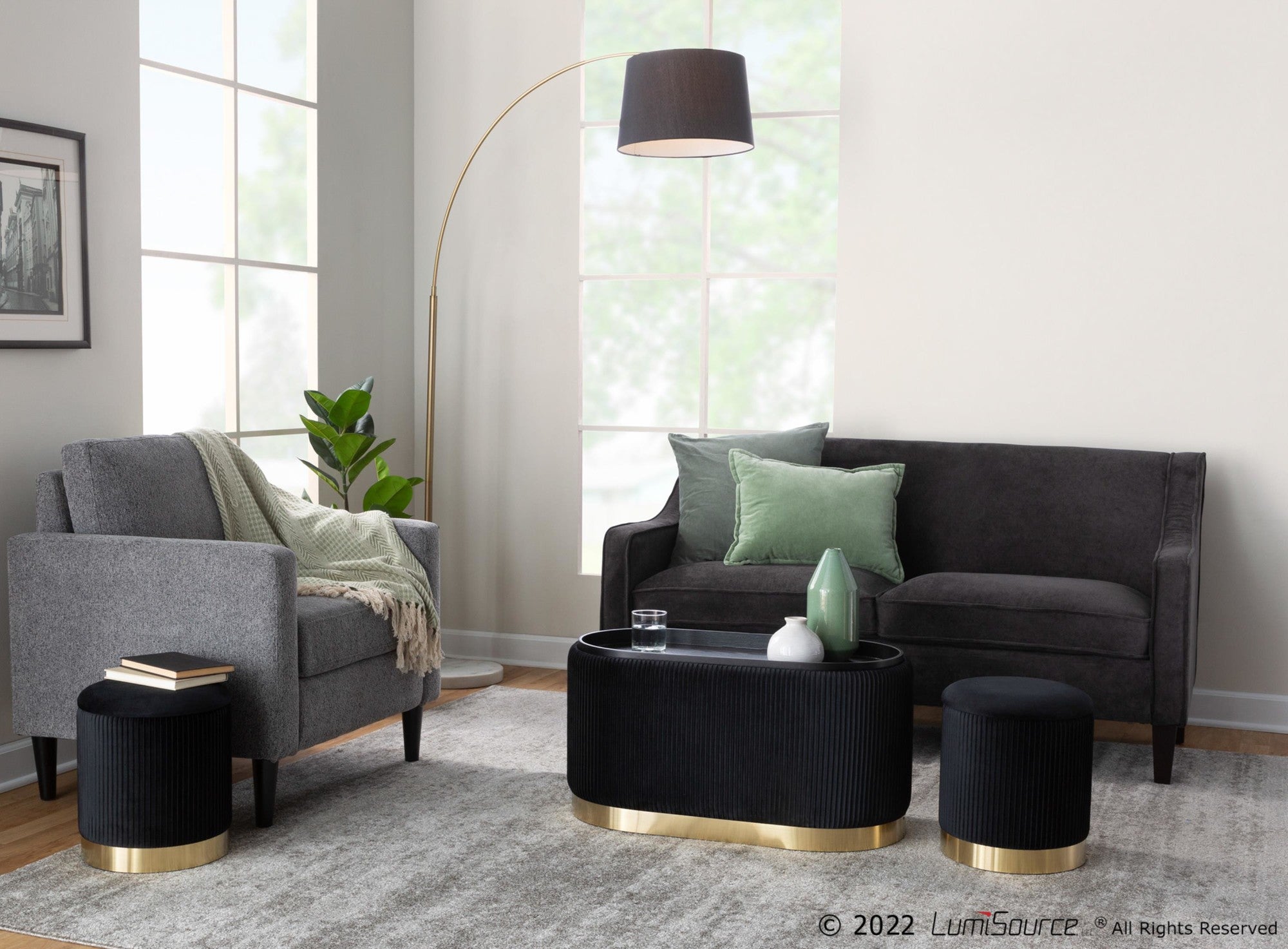 March Floor Lamp - White Marble, Antique Brass Metal, Black Linen