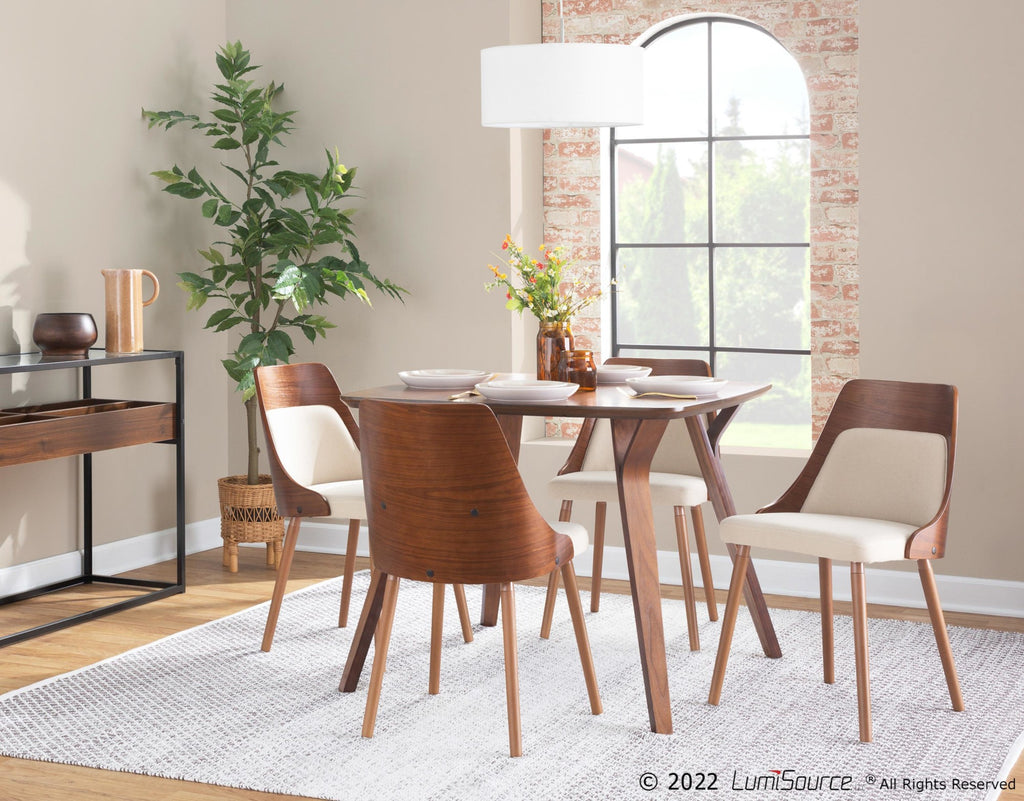 Folia - Anabelle Square Dining Set - 5 Piece - Walnut Wood, Cream Fabric