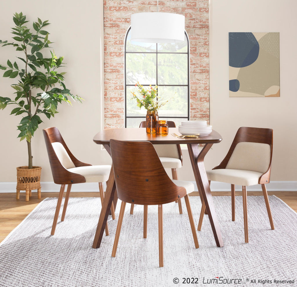 Folia - Anabelle Square Dining Set - 5 Piece - Walnut Wood, Cream Fabric