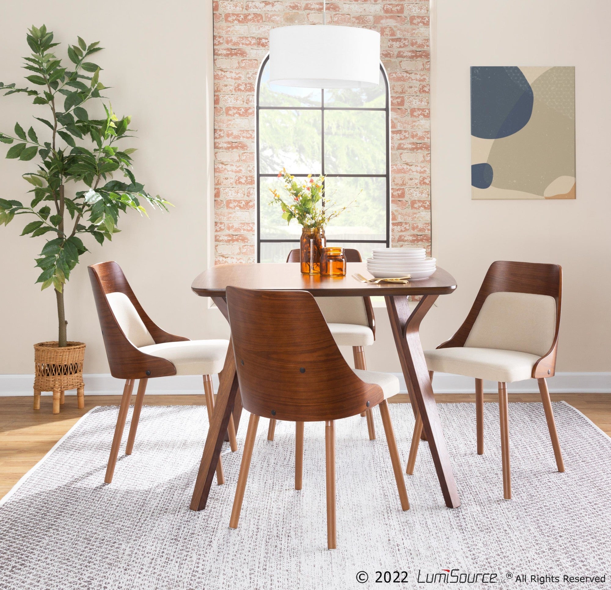 Folia - Anabelle Square Dining Set - 5 Piece - Walnut Wood, Cream Fabric
