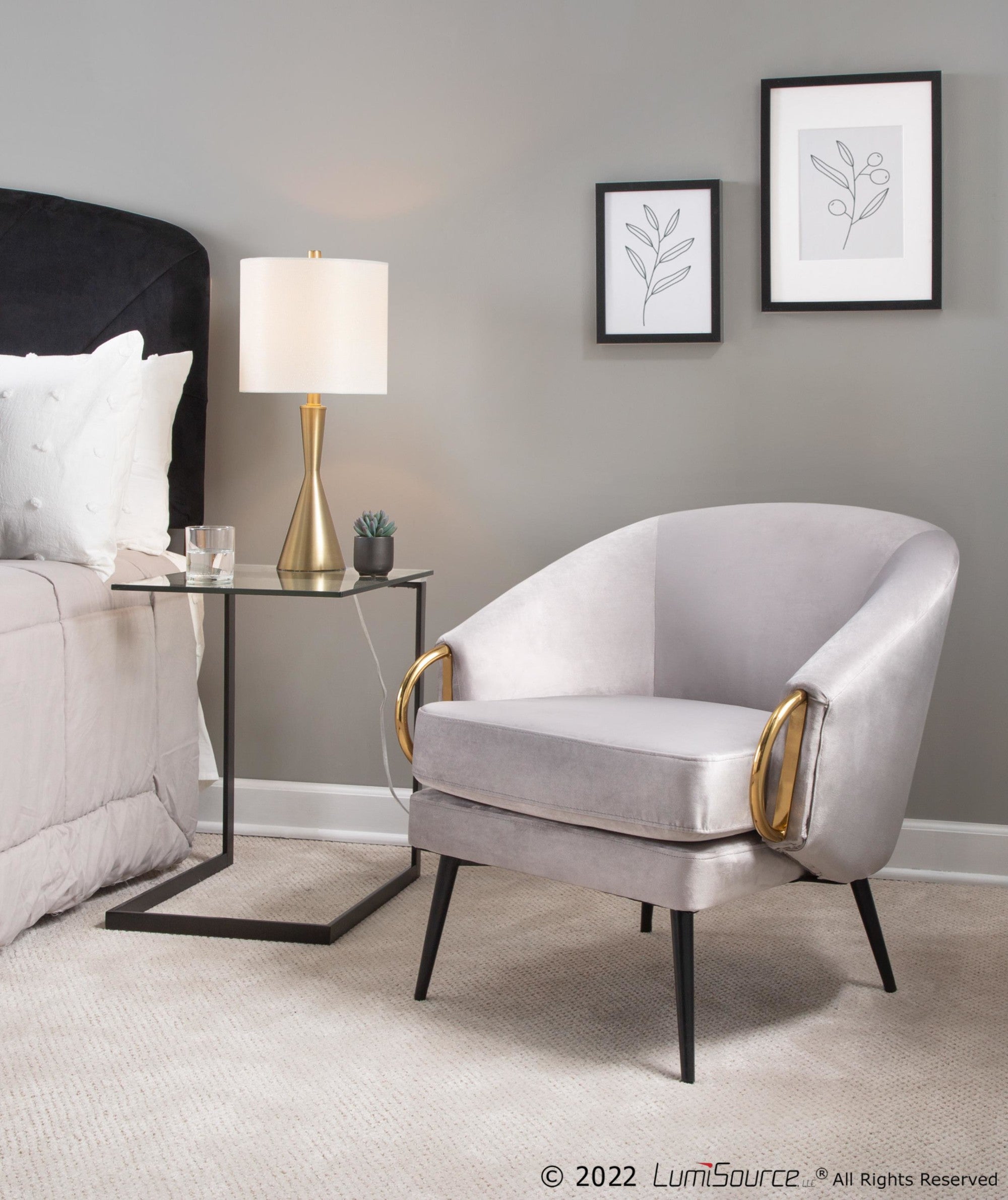 Claire Accent Chair - Black Steel, Silver Velvet, Gold Steel Accents