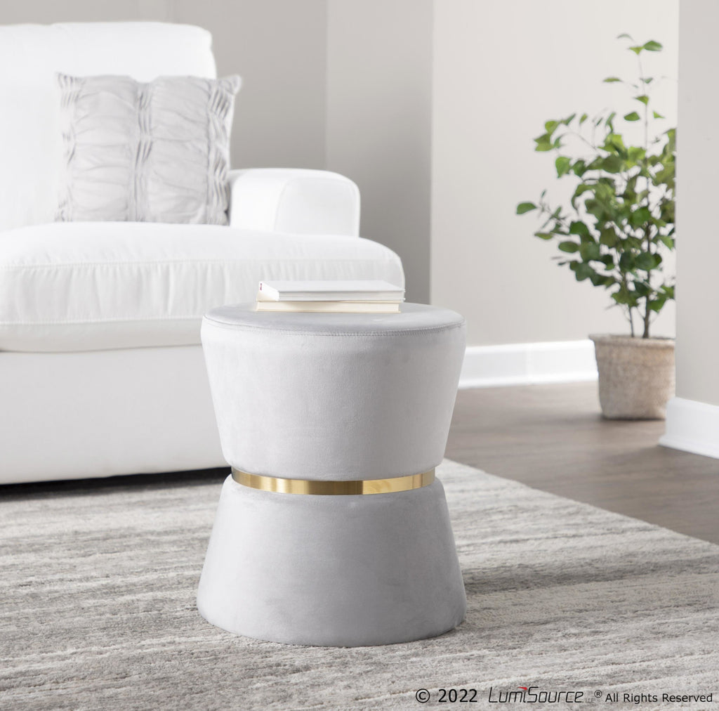 Gemma Ottoman - Silver Velvet, Gold Metal
