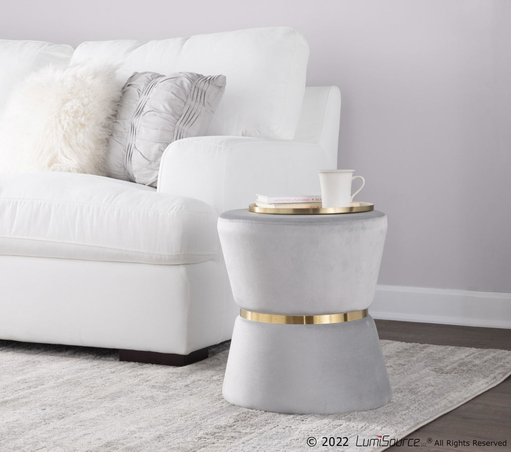 Gemma Ottoman - Silver Velvet, Gold Metal