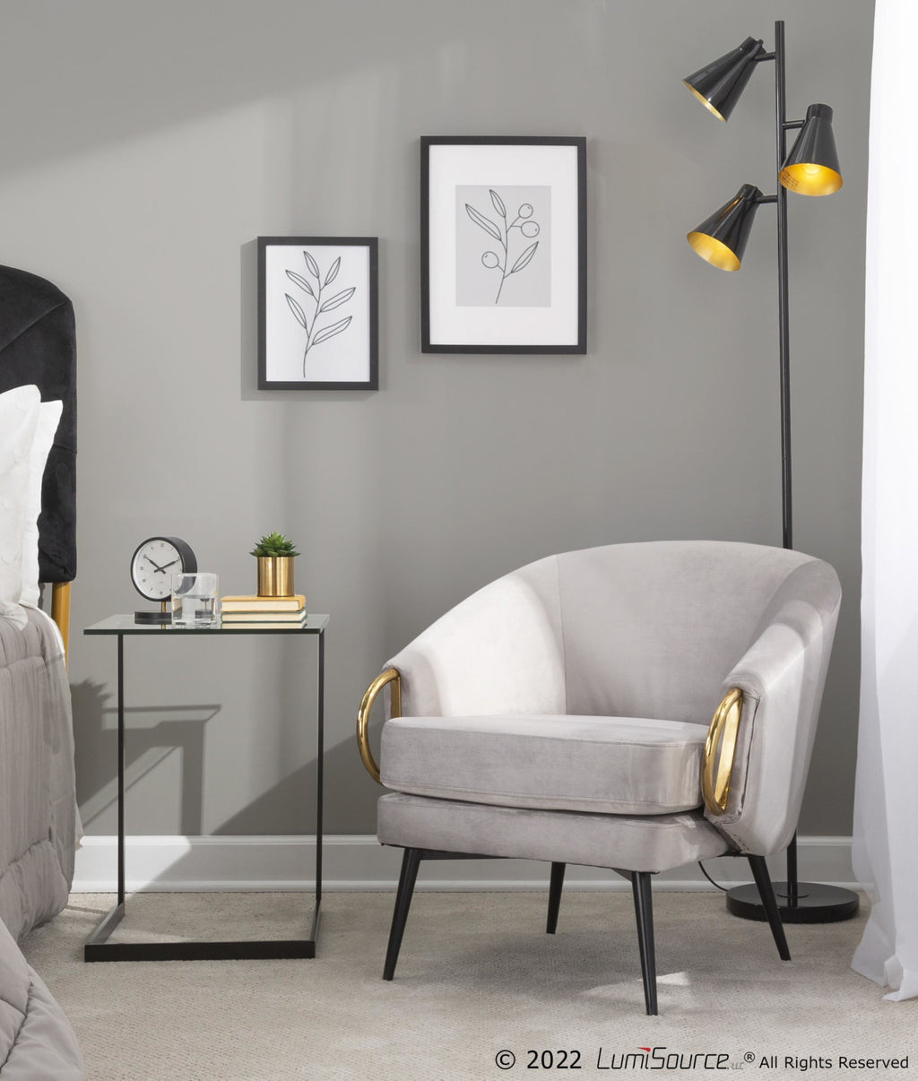 Claire Accent Chair - Black Steel, Silver Velvet, Gold Steel Accents