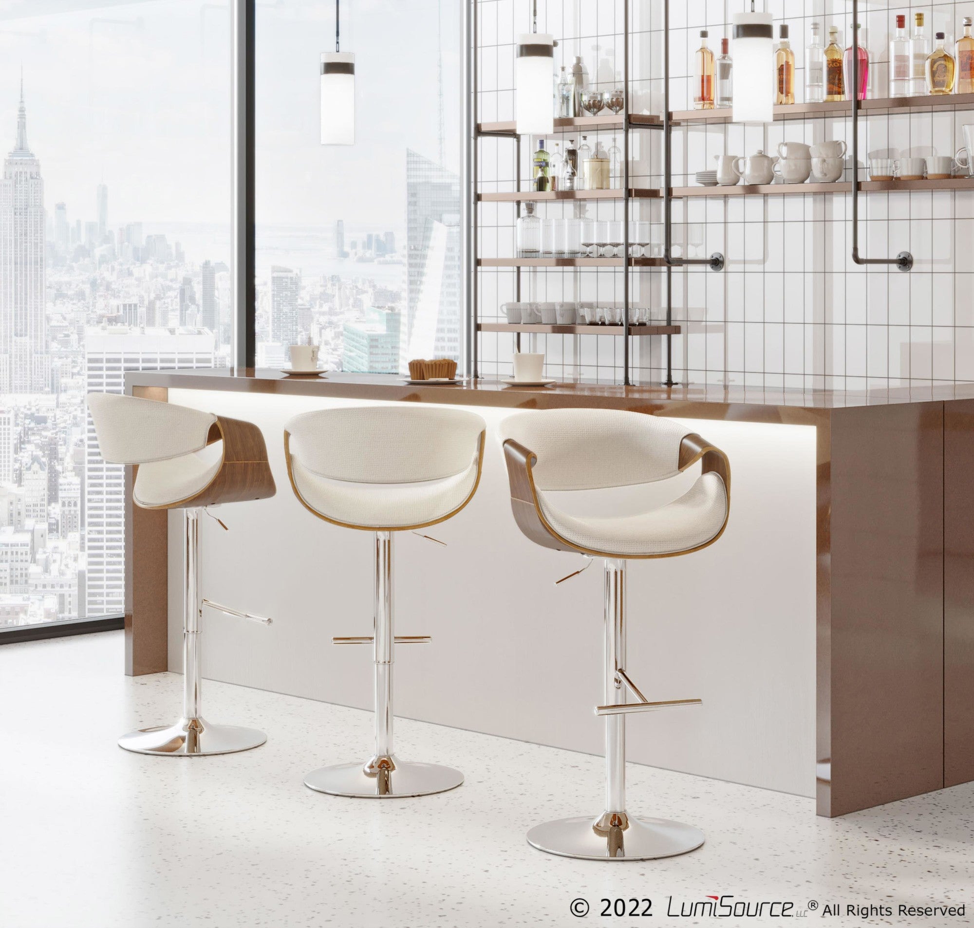 Curvo Adjustable Barstool - Chrome, Walnut Wood, Cream Fabric