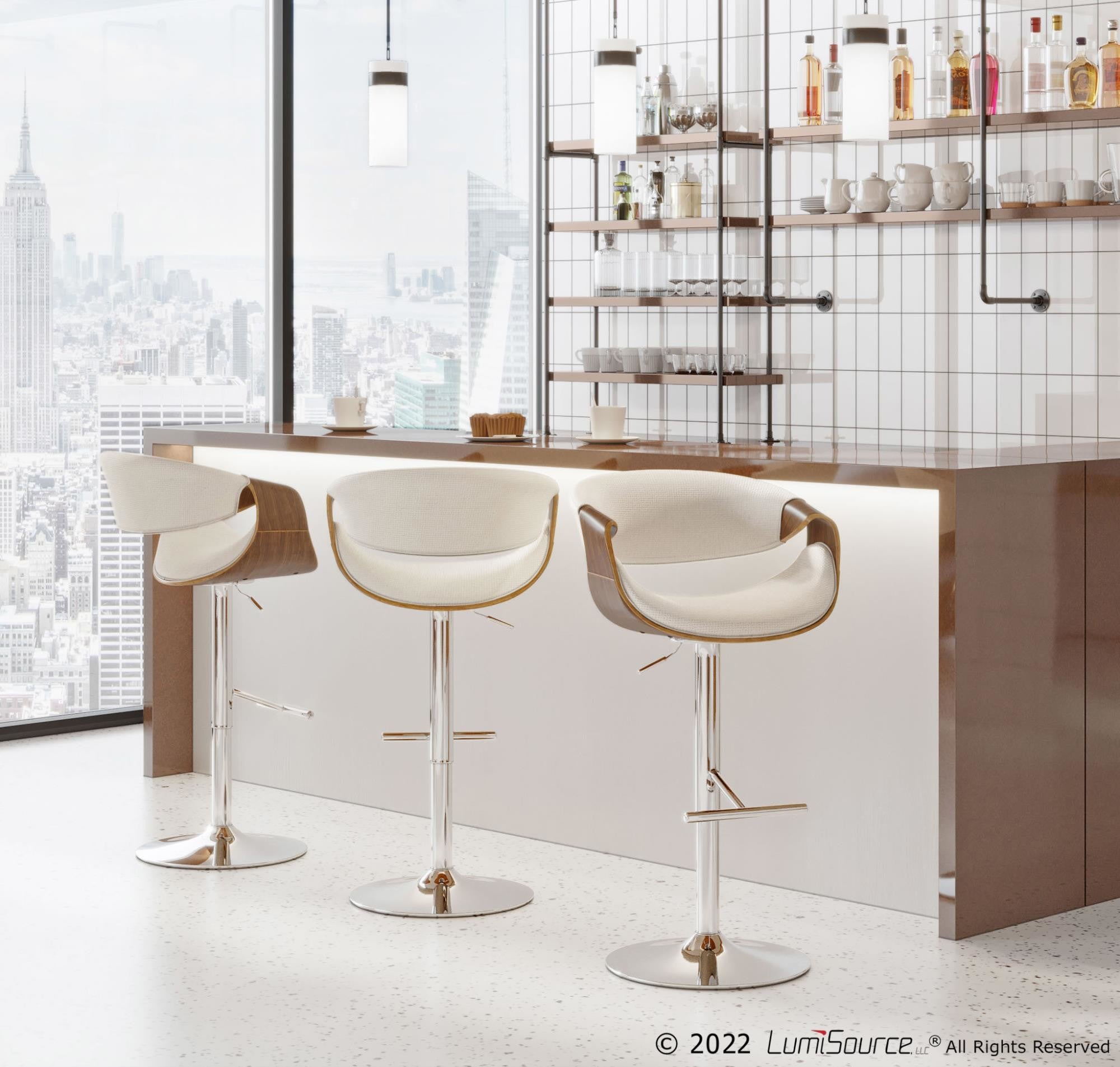 Curvo Adjustable Barstool - Set of 3 - Chrome, Walnut Wood, Cream Fabric