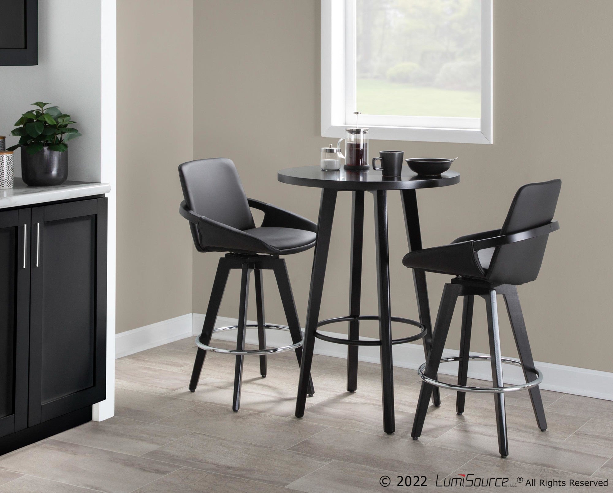 Cosmo 26" Fixed-Height Counter Stool - Set of 2 - Black Wood, Chrome, Black PU