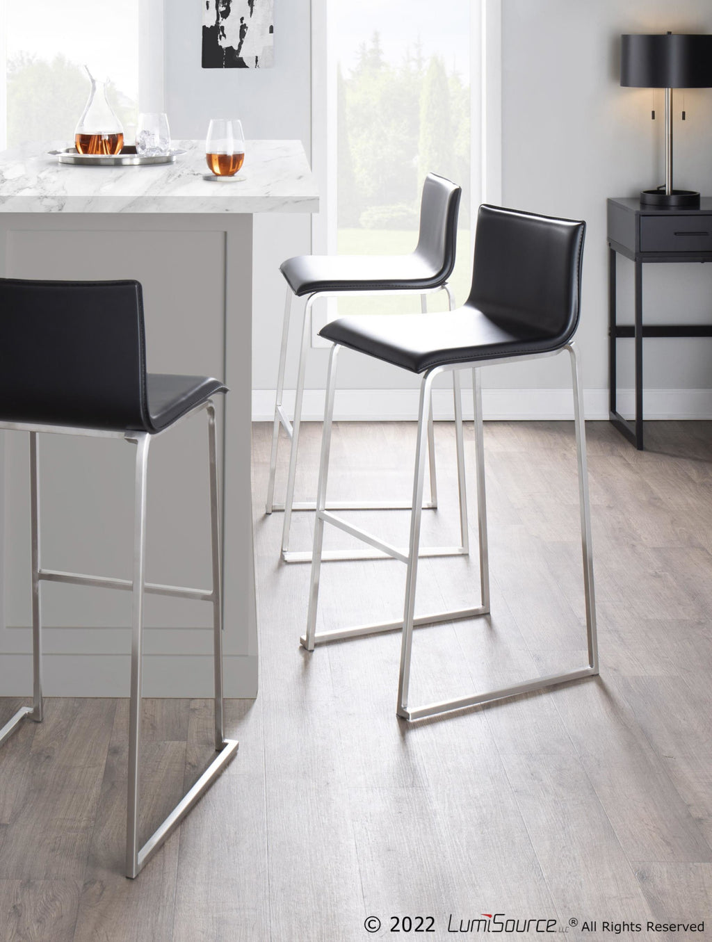 Mara 30" Fixed-Height Barstool - Set of 2 - Stainless Steel, Black PU