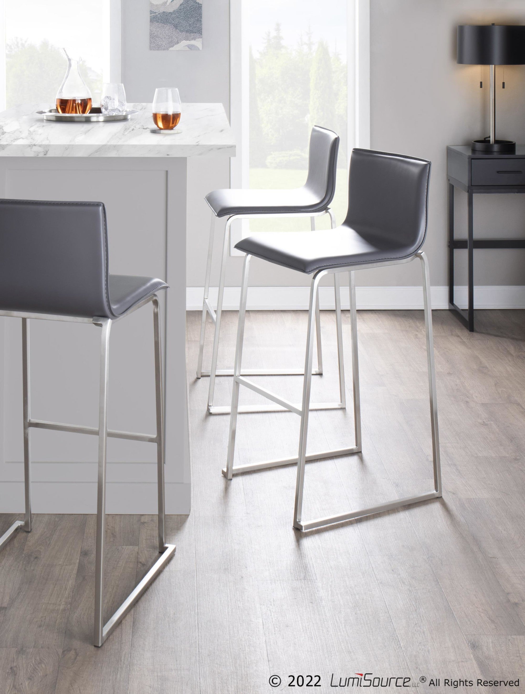 Mara 30" Fixed-Height Barstool - Set of 2 - Stainless Steel, Grey PU