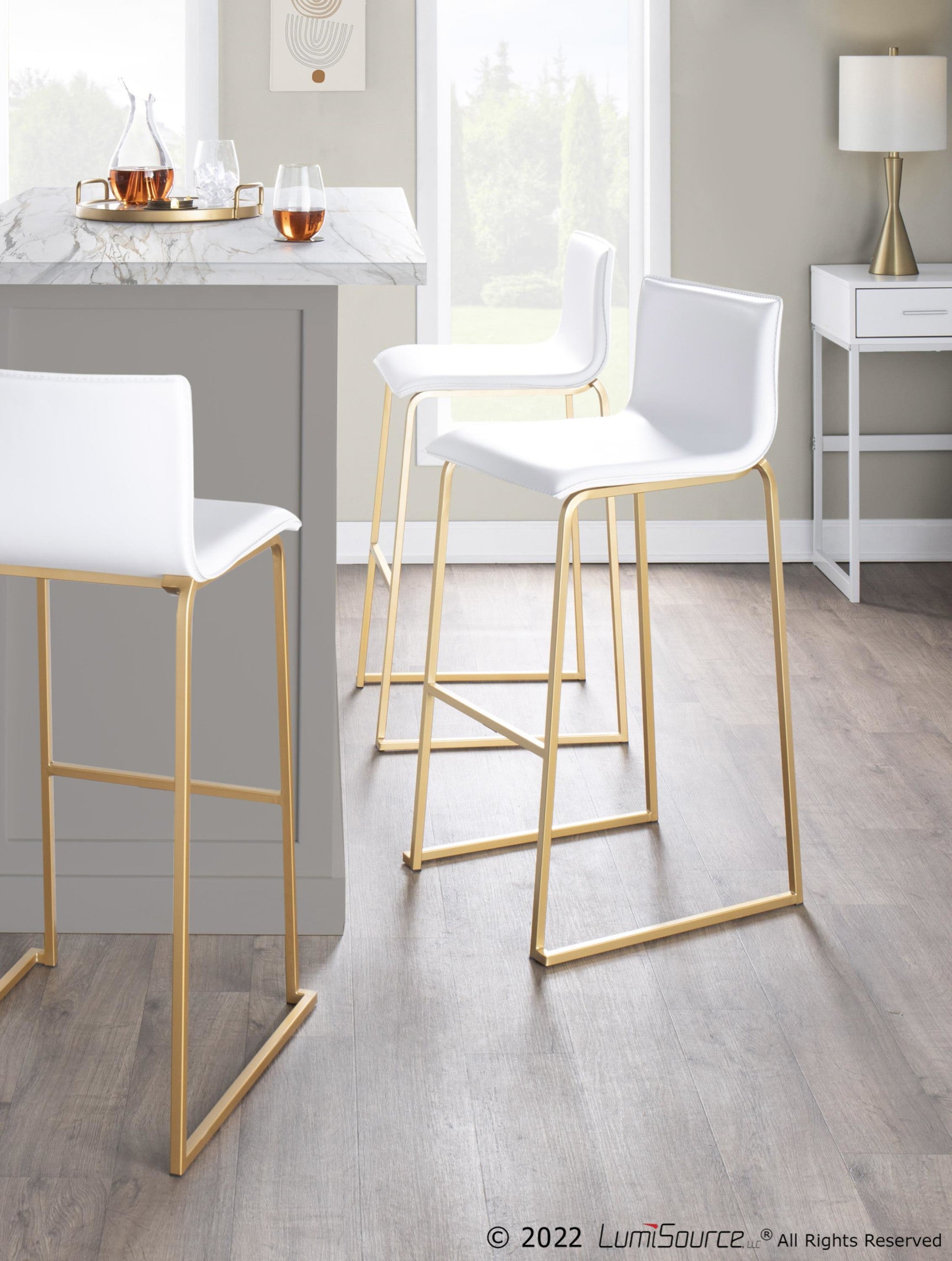 Mara 30" Fixed-Height Barstool - Set of 2 - Gold Steel, White PU