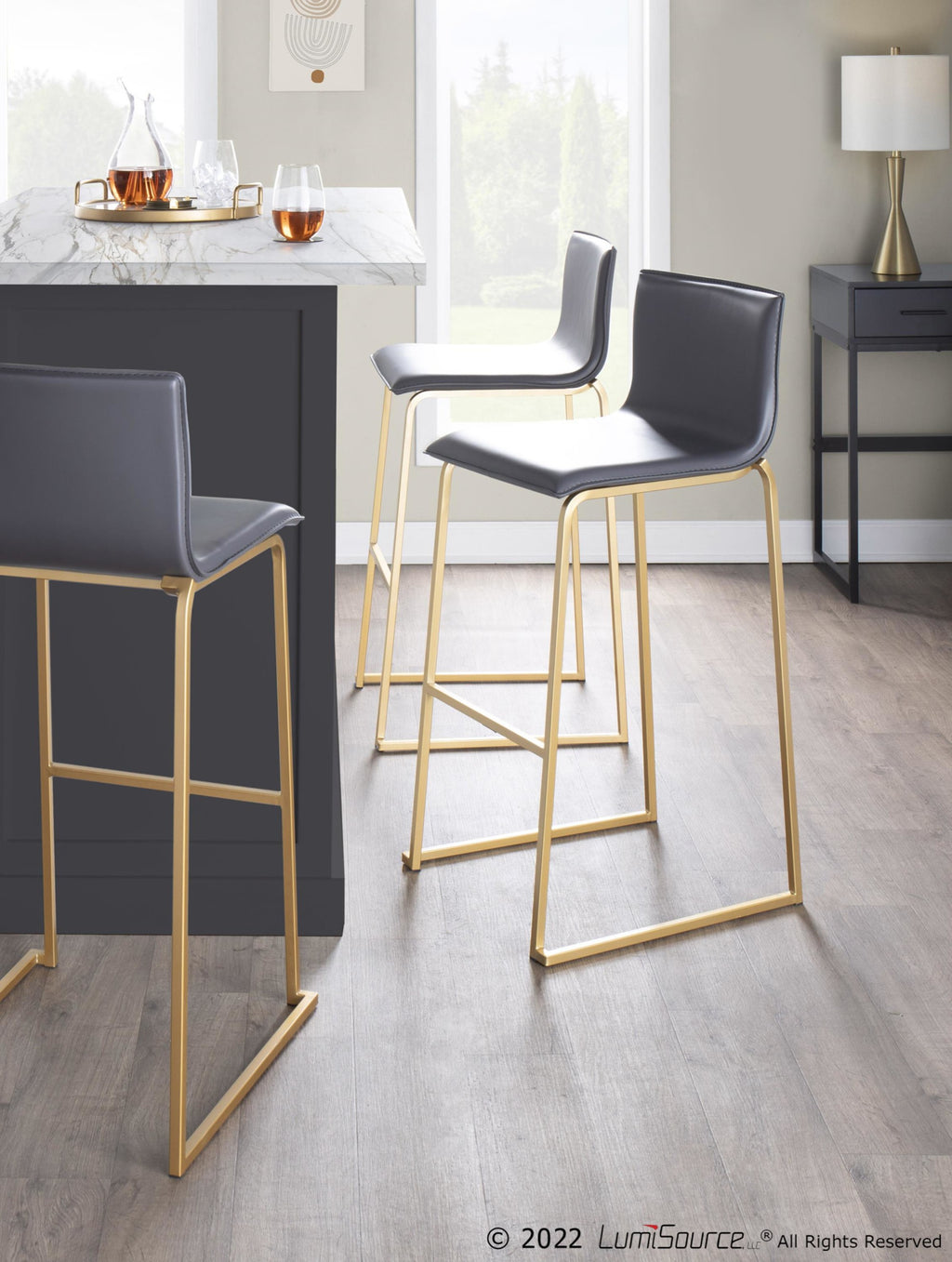 Mara 30" Fixed-Height Barstool - Set of 2 - Gold Steel, Grey PU