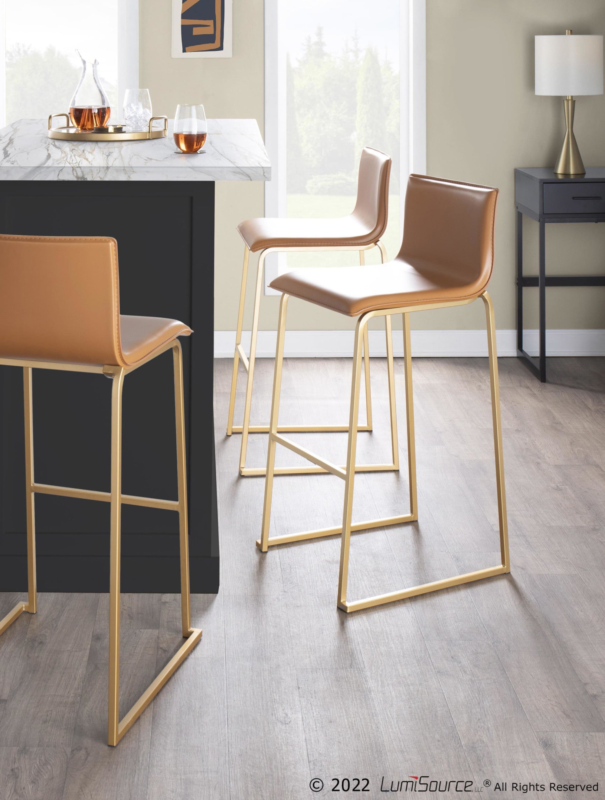Mara 30" Fixed-Height Barstool - Set of 2 - Gold Steel, Camel PU