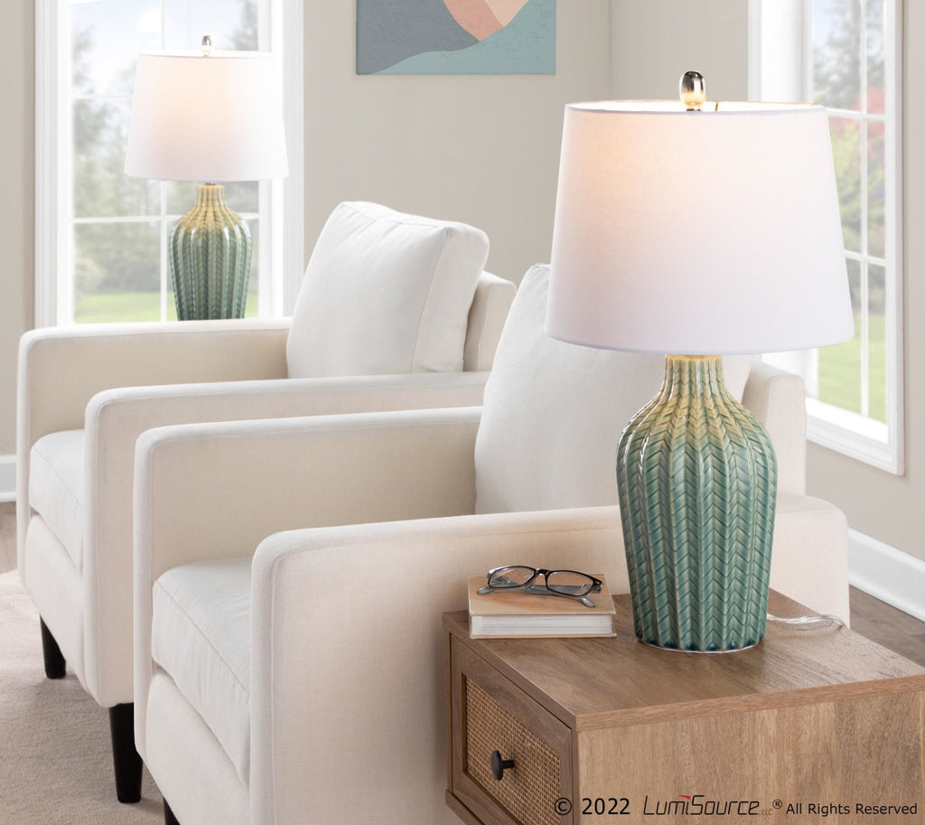 Rockwell 23.5" Ceramic Table Lamp - Set of 2 - Sage Crackle Ceramic, Polished Nickel, White Linen