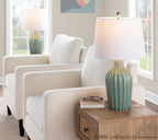 Rockwell 23.5" Ceramic Table Lamp - Set of 2 - Sage Crackle Ceramic, Polished Nickel, White Linen