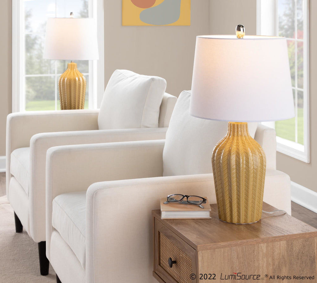 Rockwell 23.5" Ceramic Table Lamp - Set of 2 - Glossy Misted Yellow Ceramic, Polished Nickel, White Linen