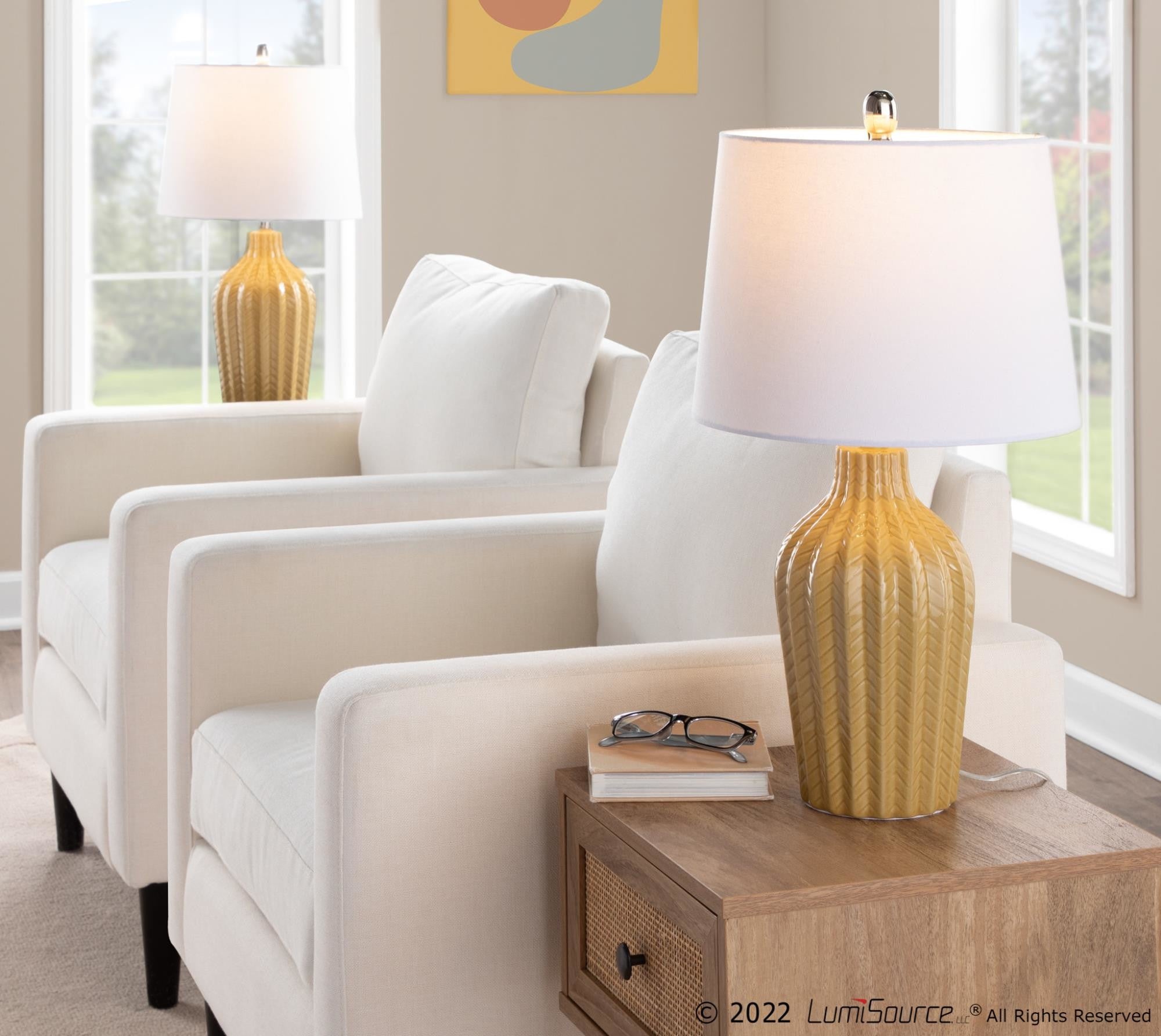 Rockwell 23.5" Ceramic Table Lamp - Set of 2 - Glossy Misted Yellow Ceramic, Polished Nickel, White Linen