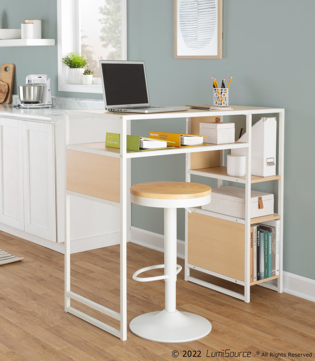Display Bar Height Table With Storage - White Metal, Natural Wood