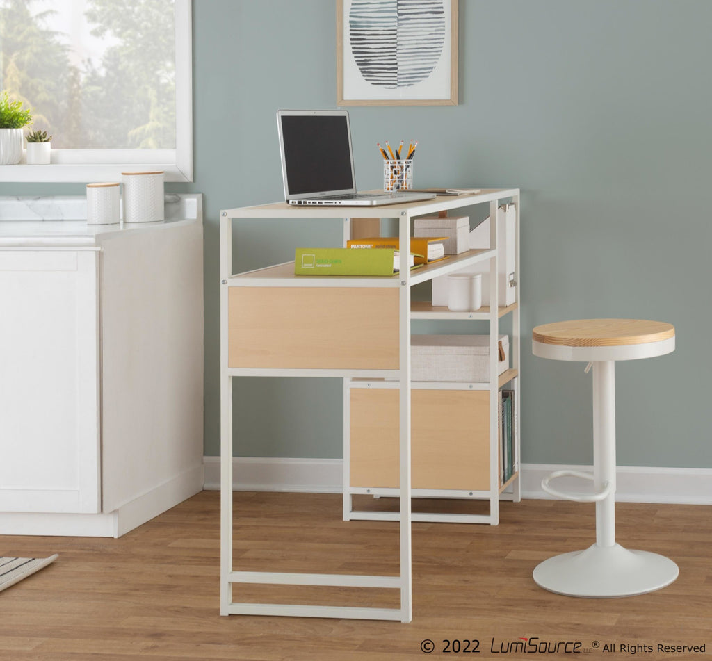 Display Bar Height Table With Storage - White Metal, Natural Wood