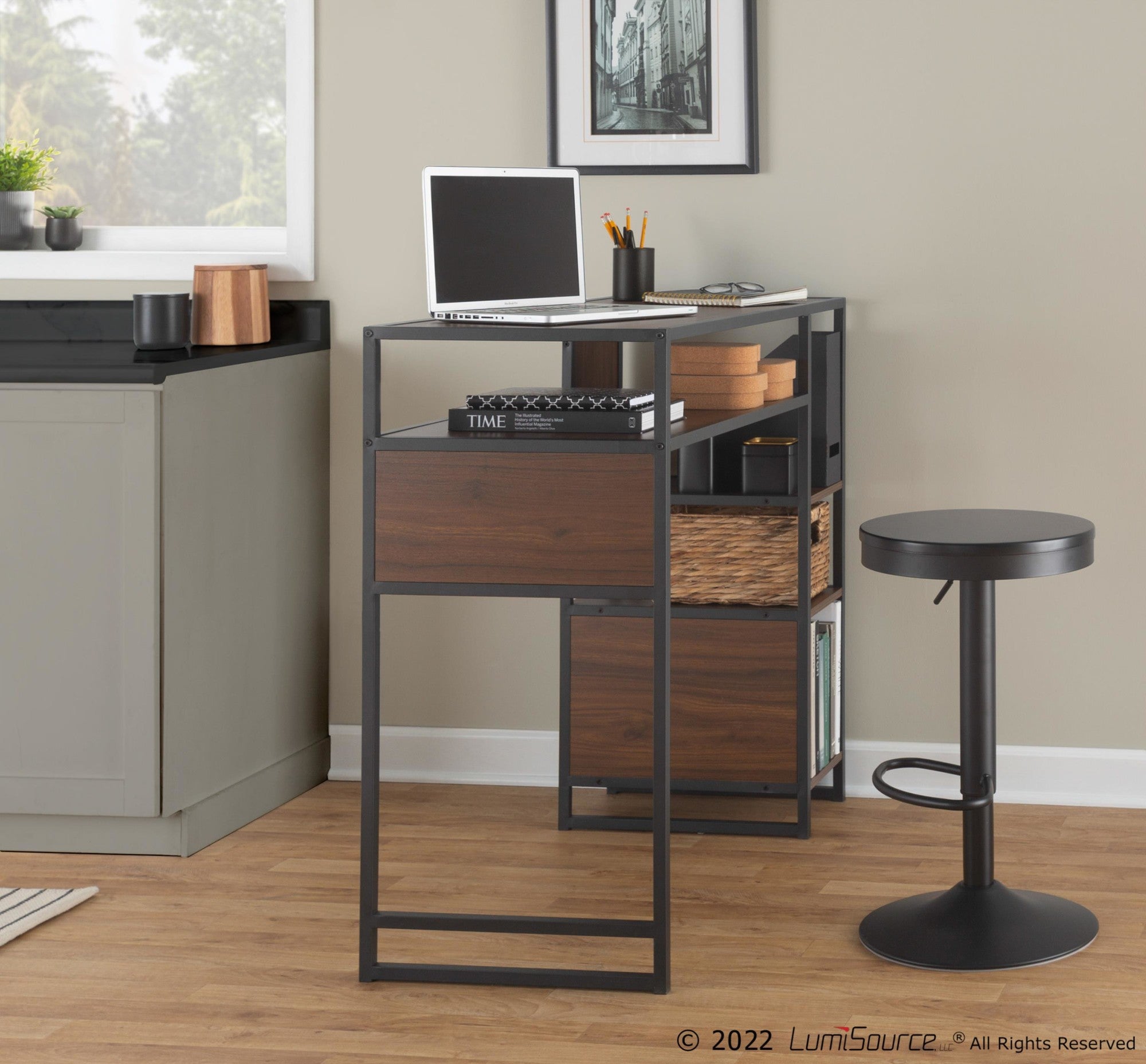 Display Bar Height Table With Storage - Black Metal, Walnut Wood