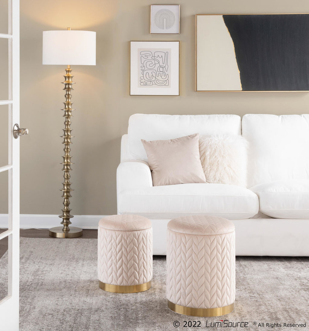 Marla Quilted Ottoman Set - Gold Metal, Cream Velvet
