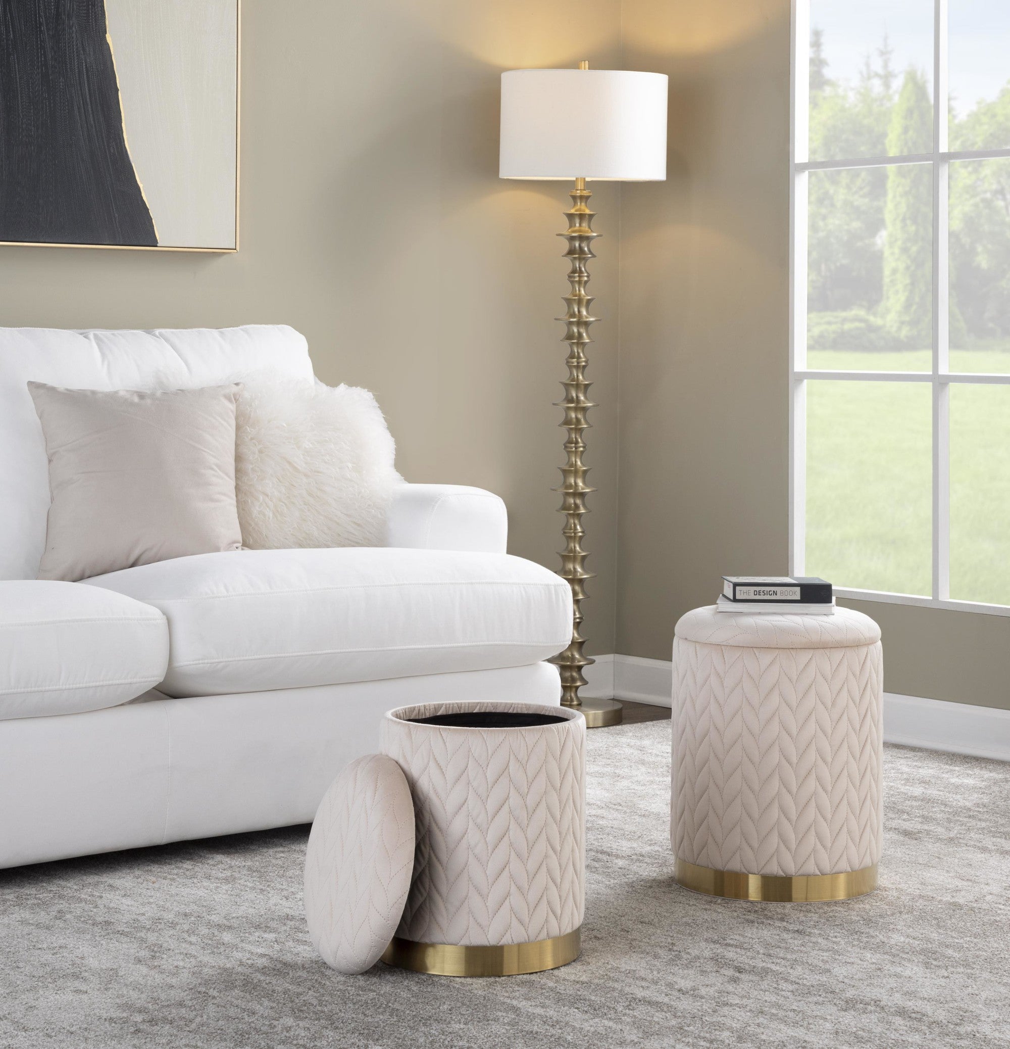 Marla Quilted Ottoman Set - Gold Metal, Cream Velvet