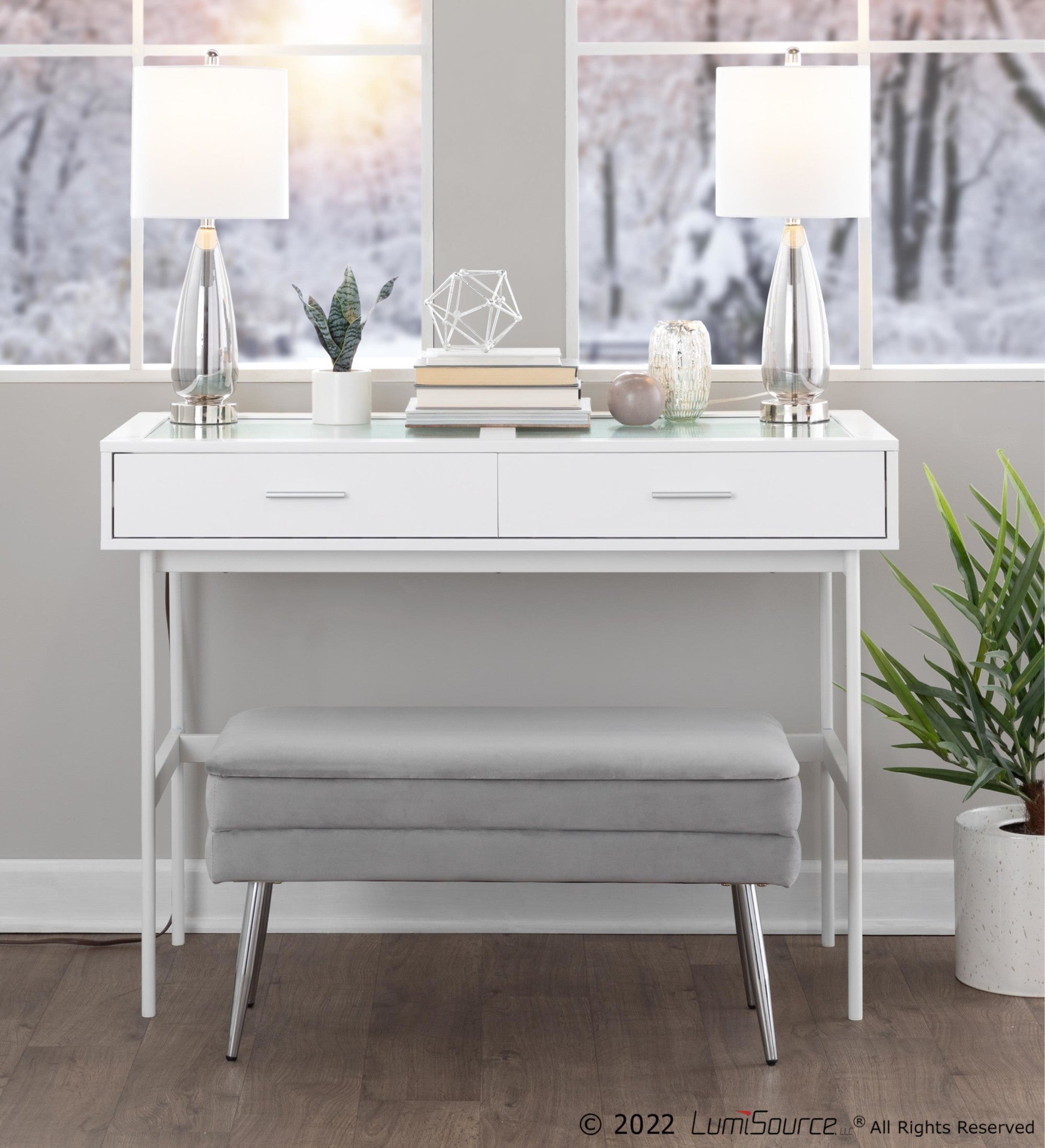 Emery Console Table - White Steel, White Wood