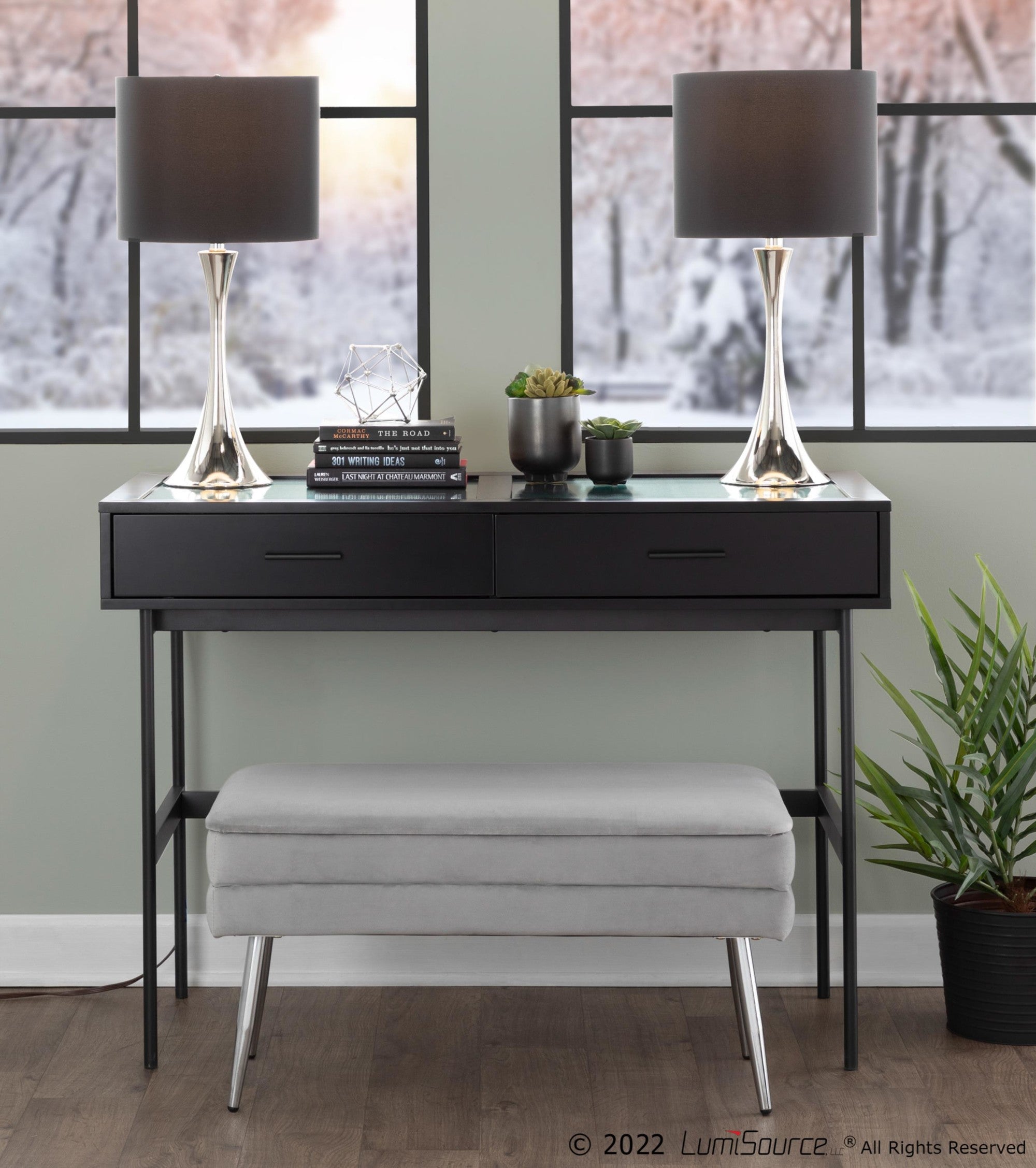 Lenuxe 24" Metal Table Lamp - Set of 2 - Polished Nickel, Black Silk