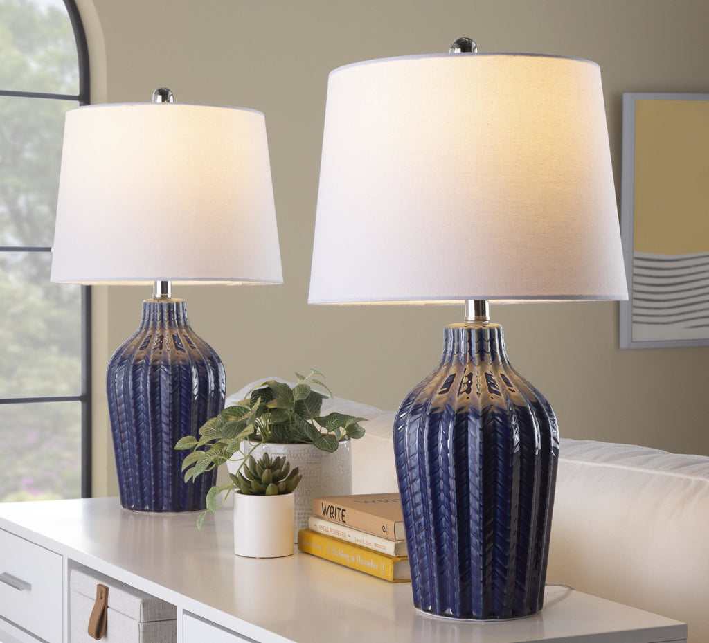 Rockwell 23" Ceramic Table Lamp - Set of 2 - Dark Blue Ceramic, Polished Nickel, White Linen