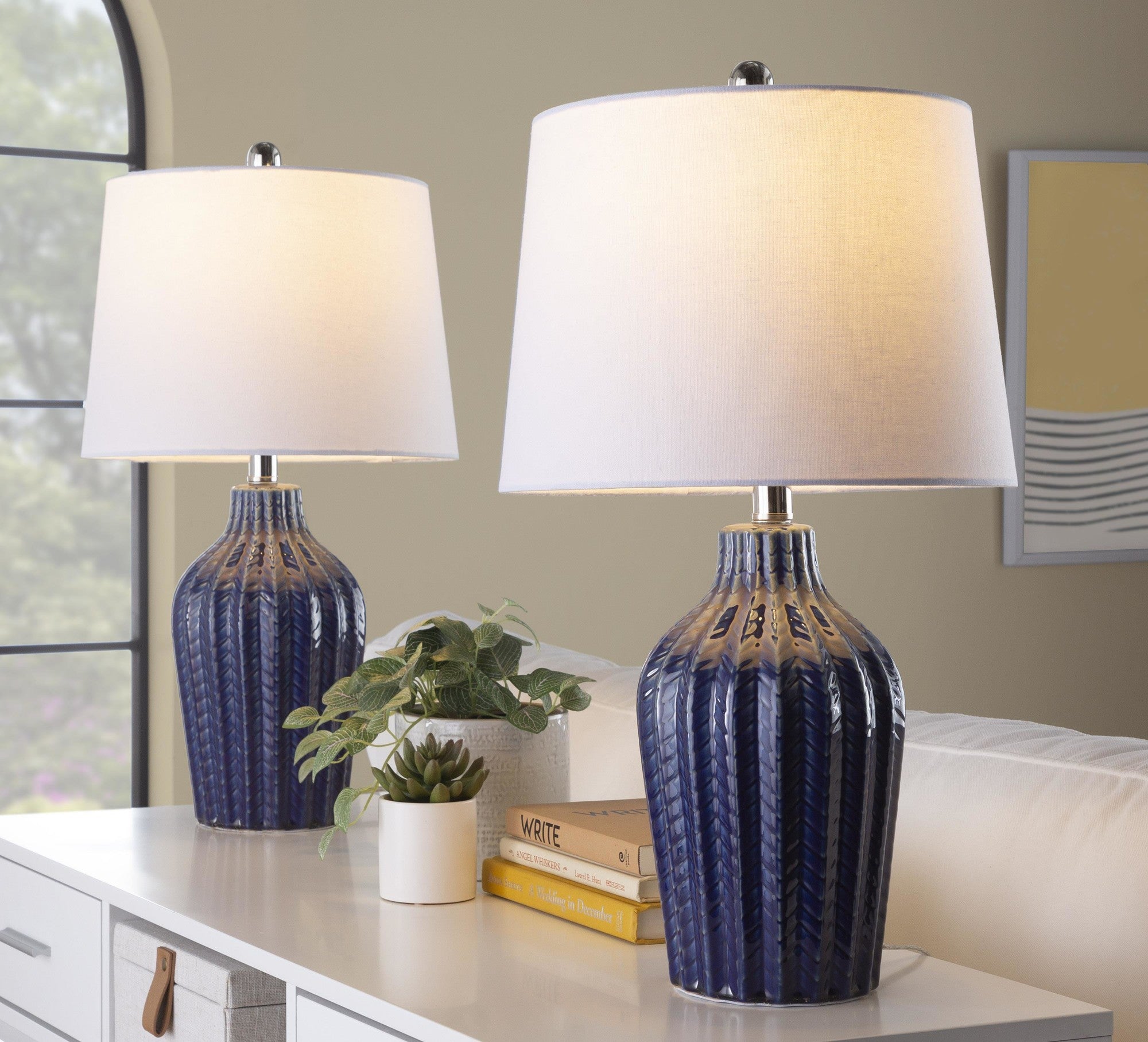 Rockwell 23" Ceramic Table Lamp - Set of 2 - Dark Blue Ceramic, Polished Nickel, White Linen
