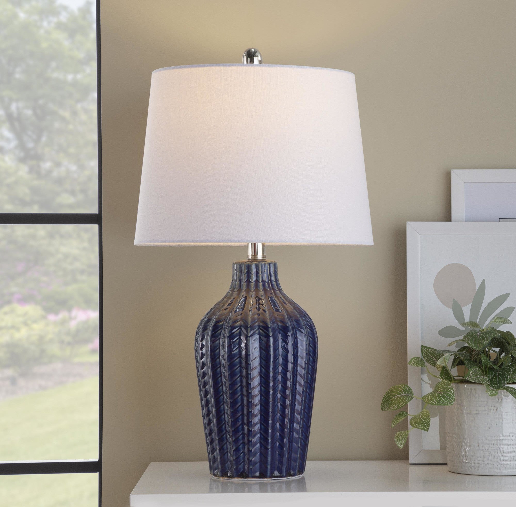 Rockwell 23" Ceramic Table Lamp - Set of 2 - Dark Blue Ceramic, Polished Nickel, White Linen