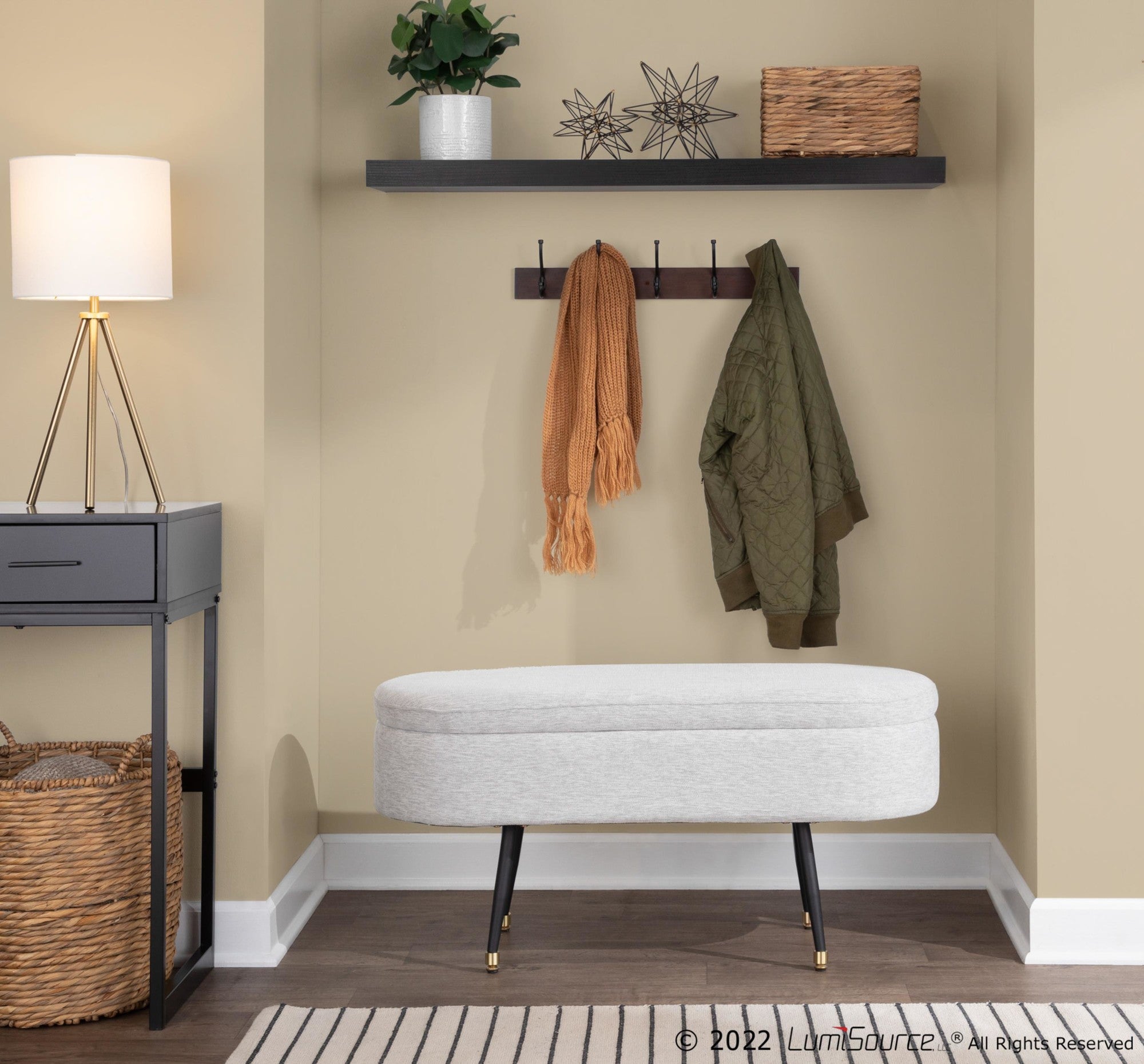 Harvey Storage Bench - Black Metal, Light Grey Fabric, Gold Accent