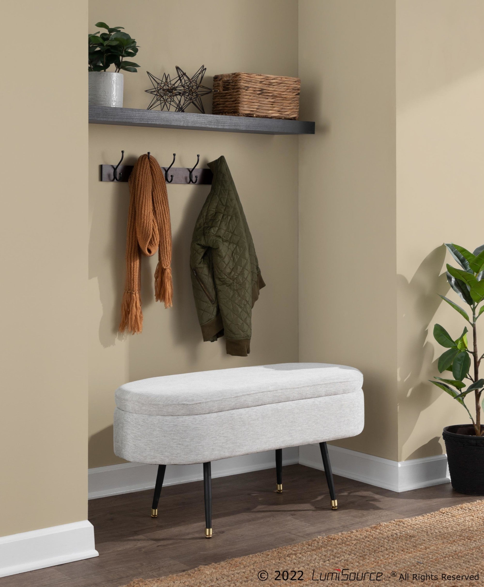 Harvey Storage Bench - Black Metal, Light Grey Fabric, Gold Accent