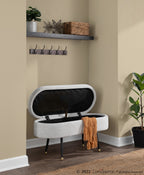 Harvey Storage Bench - Black Metal, Light Grey Fabric, Gold Accent