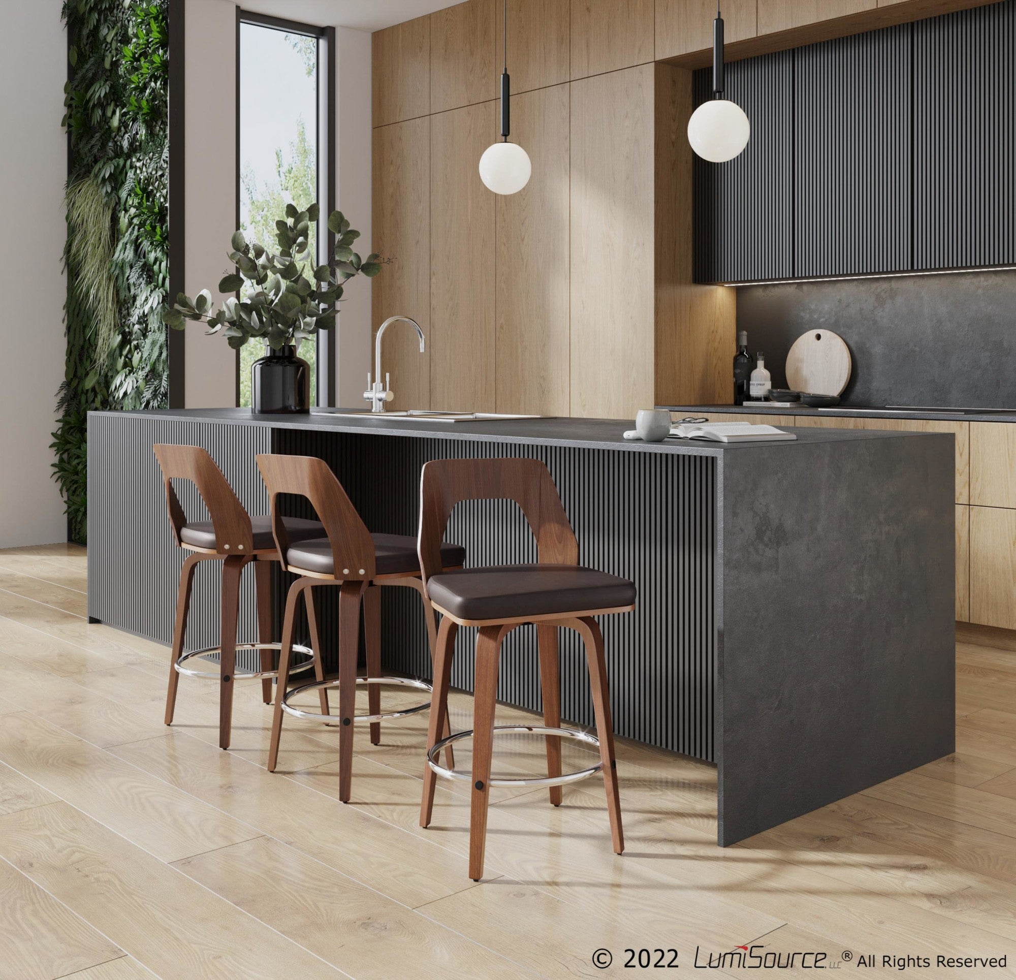 Trilogy 24" Fixed-Height Counter Stool - Set of 2 - Walnut Wood, Brown PU, Chrome