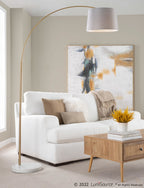 March Floor Lamp - White Marble, Antique Brass, Grey Linen