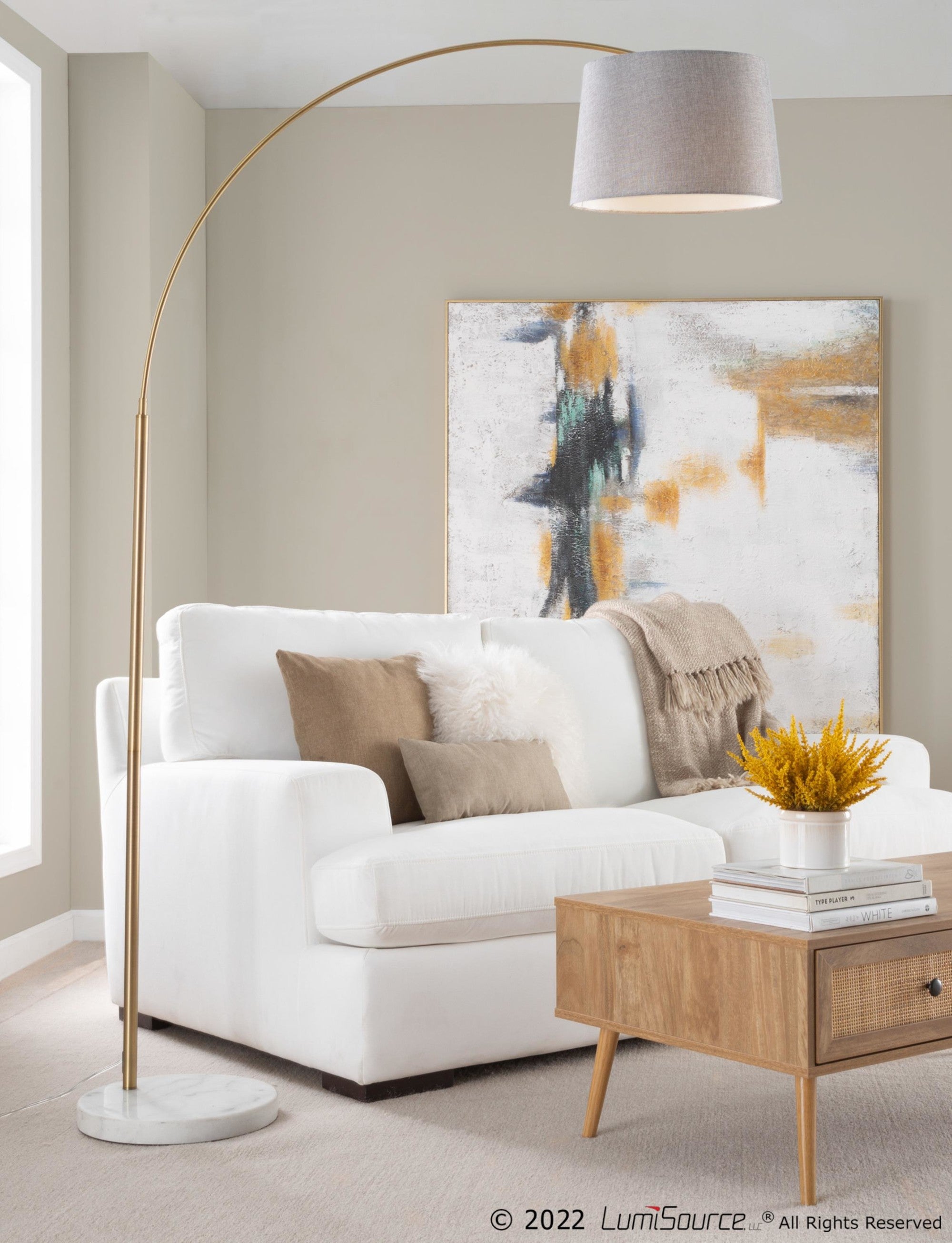 March Floor Lamp - White Marble, Antique Brass, Grey Linen