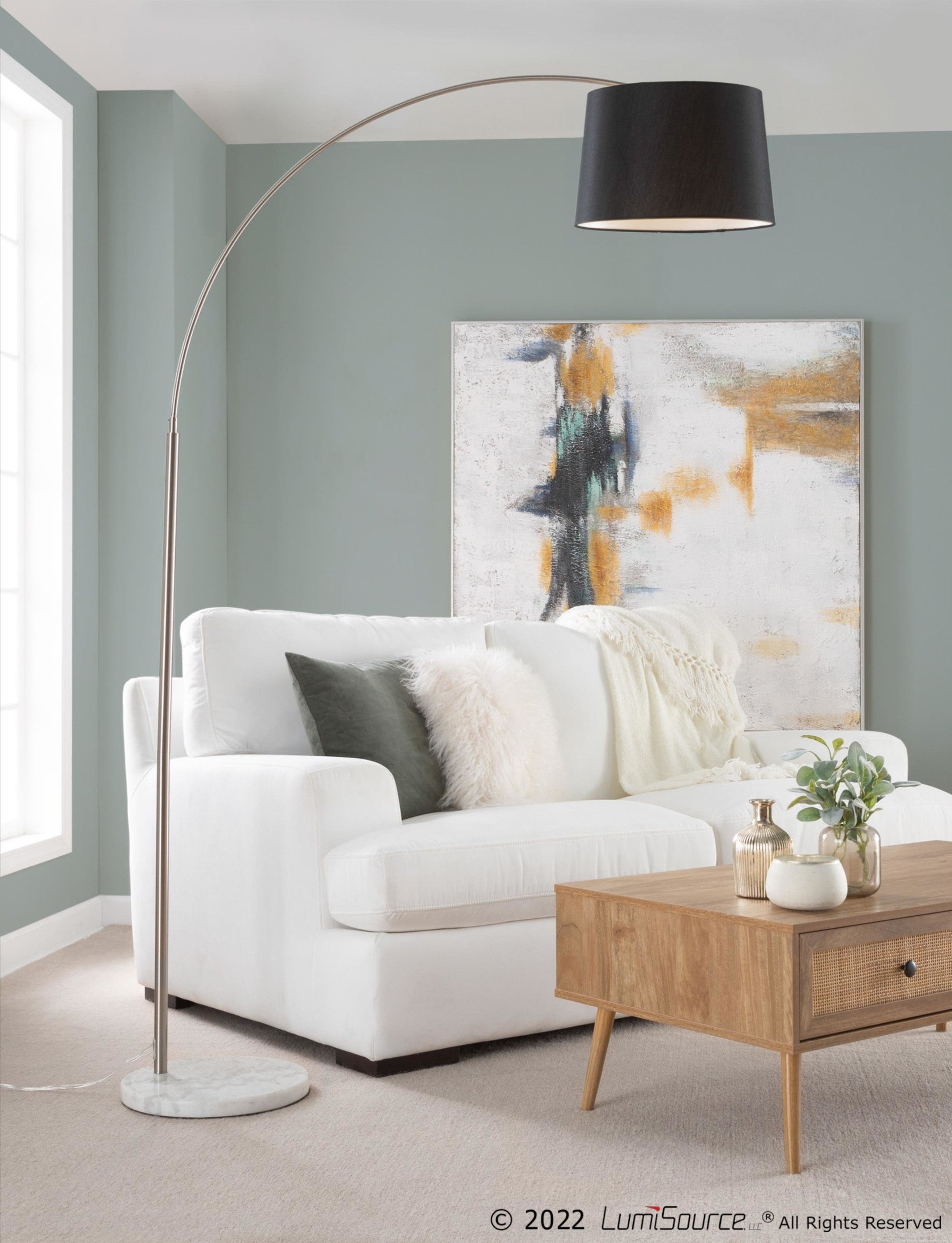 March Floor Lamp - White Marble, Antique Brass Metal, Black Linen