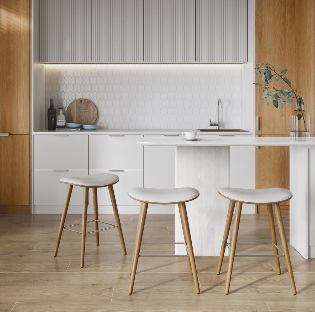 Saddle 26" Fixed-Height Counter Stool - Set of 2 - Walnut Wood, White PU, Chrome