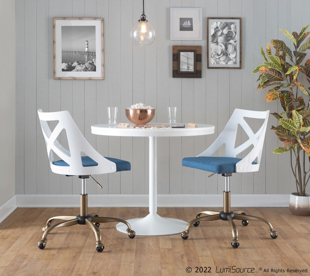 Charlotte Swivel Accent Chair - Antique Copper Metal, White Textured Wood, Blue Fabric