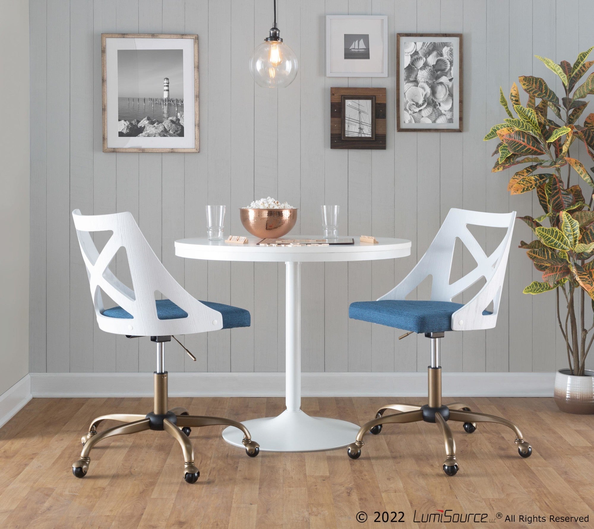 Charlotte Swivel Accent Chair - Antique Copper Metal, White Textured Wood, Blue Fabric