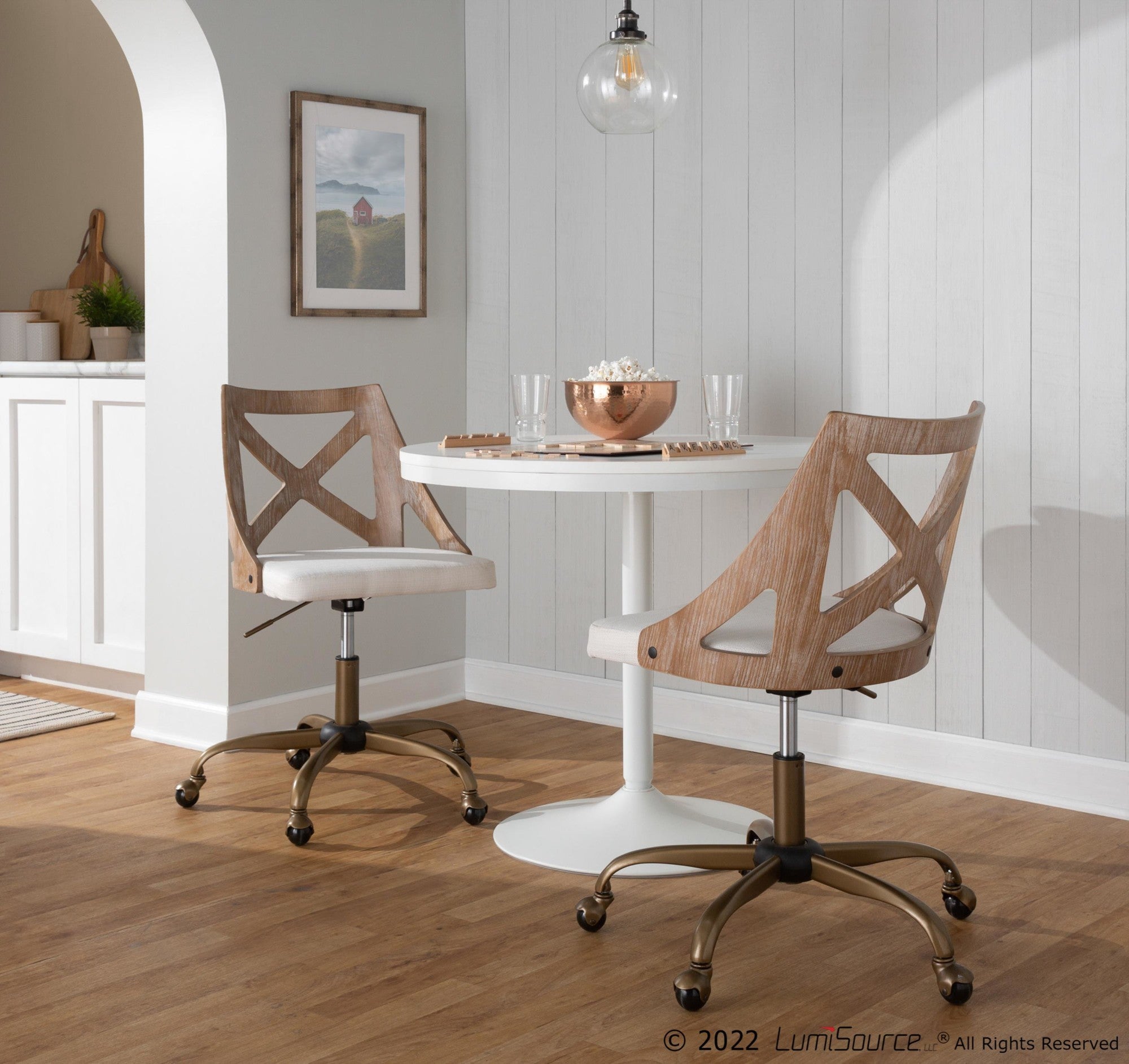 Charlotte Swivel Accent Chair - Antique Copper Metal, White Textured Wood, Blue Fabric