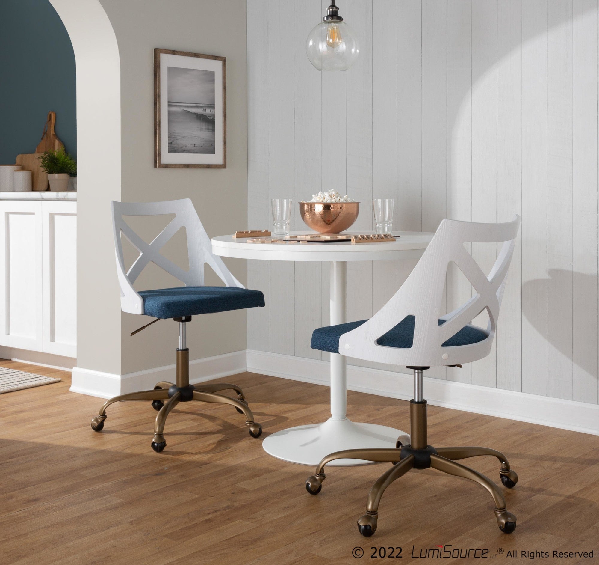 Charlotte Swivel Accent Chair - Antique Copper Metal, White Textured Wood, Blue Fabric